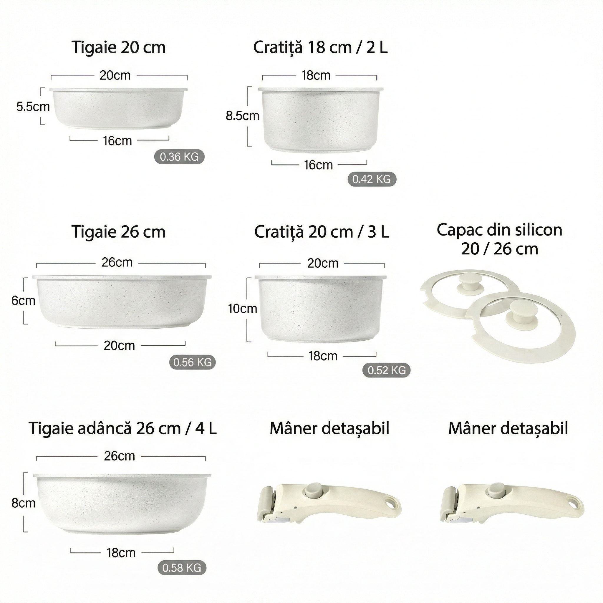 Set de Vase de Gatit 9 Piese,  Antiaderent, Termorezistent, Maner Detasabil, Dimensiuni 18/20/26 Cm, Pentru Plita, Cuptor si Aragaze pe Gaz
