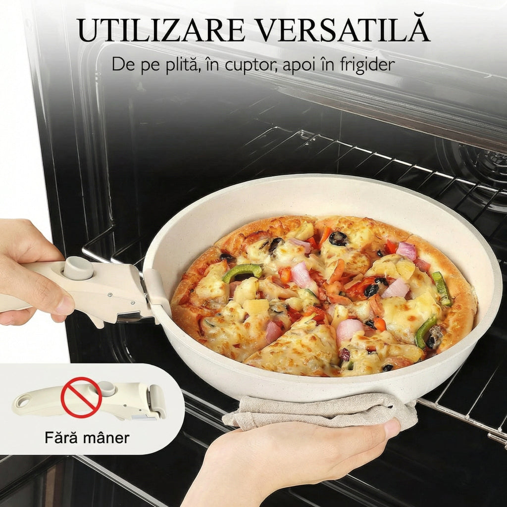 Set de Vase de Gatit 9 Piese,  Antiaderent, Termorezistent, Maner Detasabil, Dimensiuni 18/20/26 Cm, Pentru Plita, Cuptor si Aragaze pe Gaz