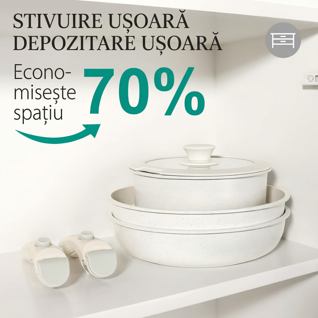 Set de Vase de Gatit 9 Piese,  Antiaderent, Termorezistent, Maner Detasabil, Dimensiuni 18/20/26 Cm, Pentru Plita, Cuptor si Aragaze pe Gaz