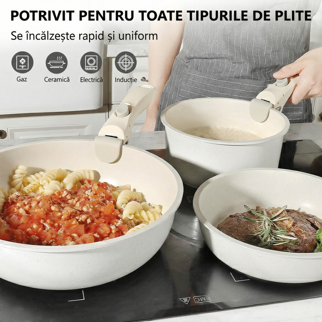 Set de Vase de Gatit 9 Piese,  Antiaderent, Termorezistent, Maner Detasabil, Dimensiuni 18/20/26 Cm, Pentru Plita, Cuptor si Aragaze pe Gaz