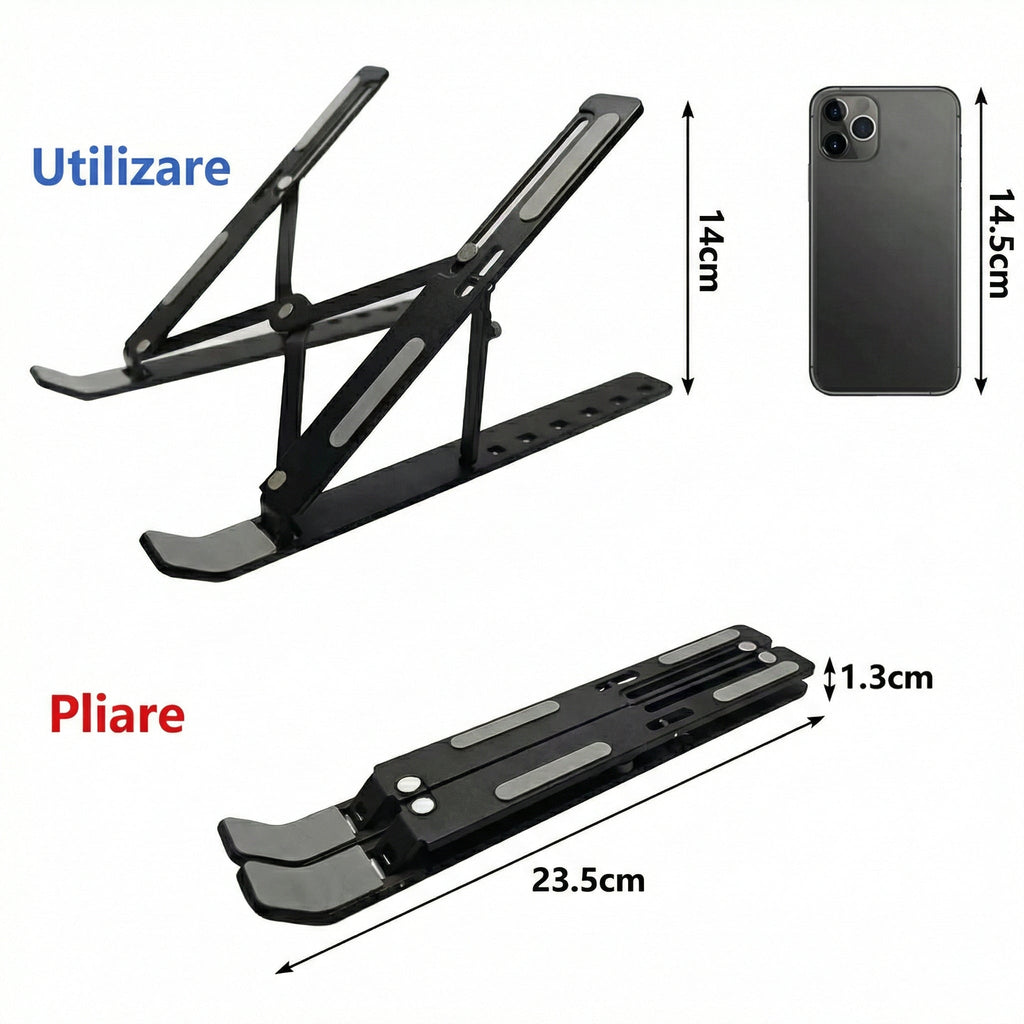 Suport Portabil pentru Laptop de Aluminiu cu Bază de Răcire Pliabilă și Ajustabilă