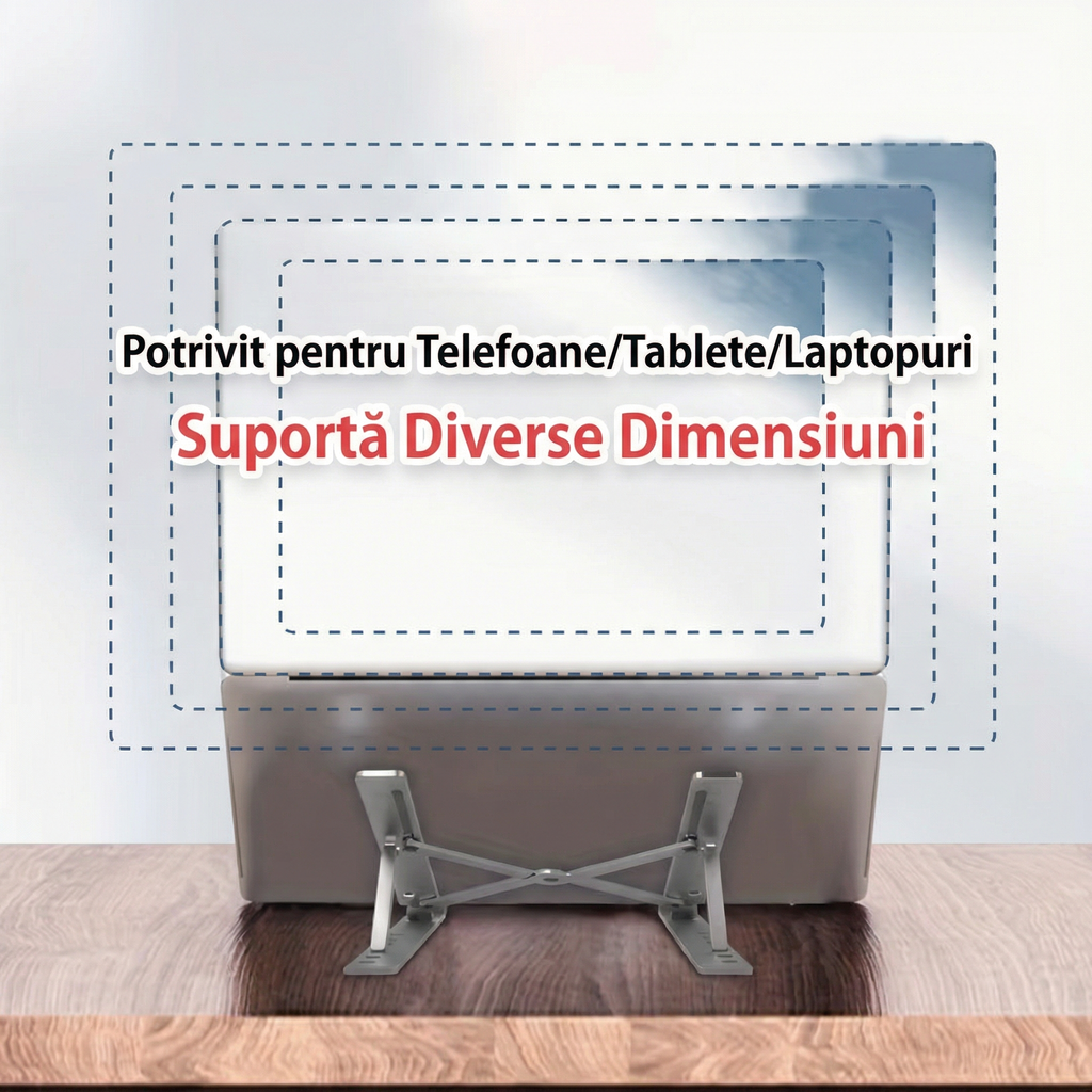 Suport Portabil pentru Laptop de Aluminiu cu Bază de Răcire Pliabilă și Ajustabilă