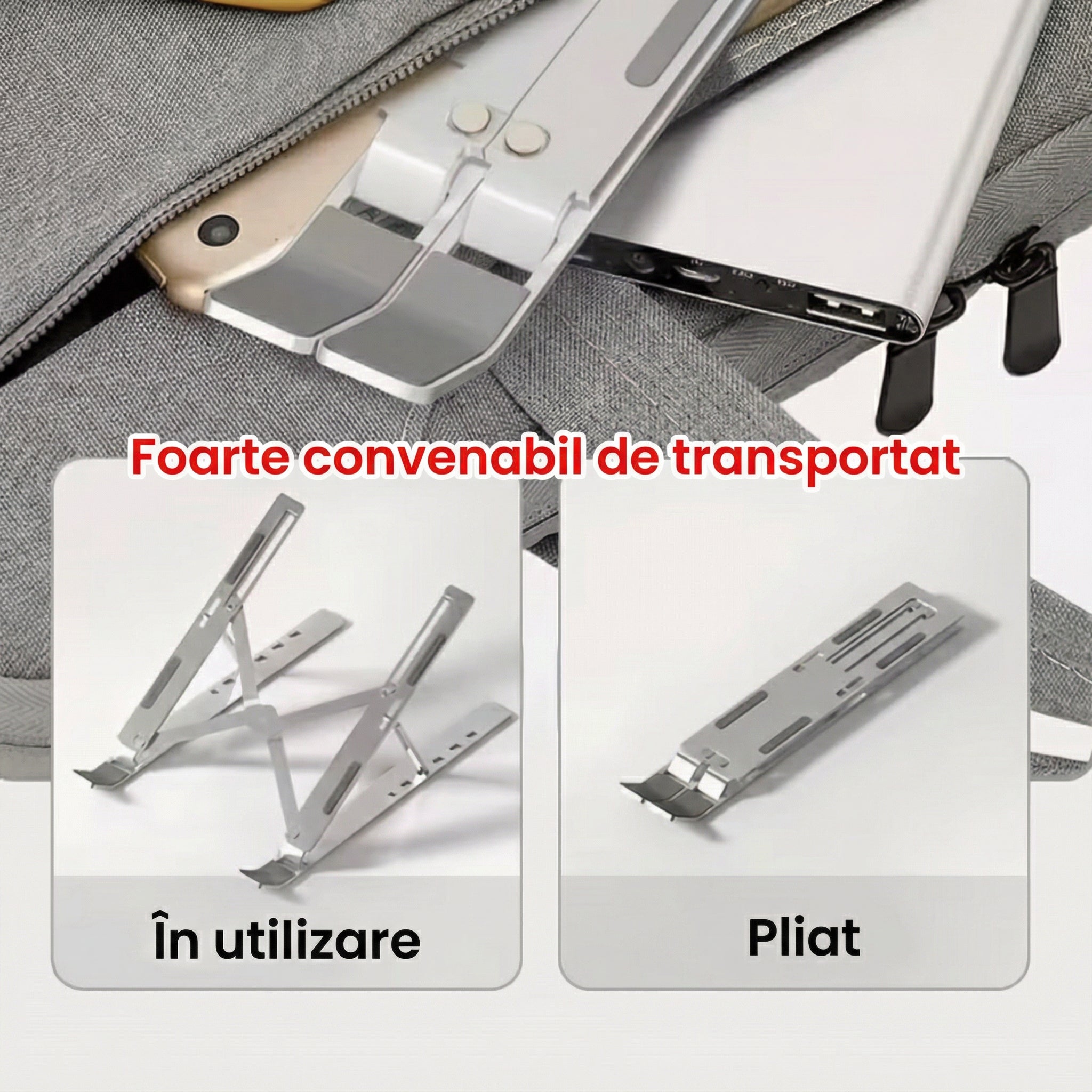 Suport Portabil pentru Laptop de Aluminiu cu Bază de Răcire Pliabilă și Ajustabilă