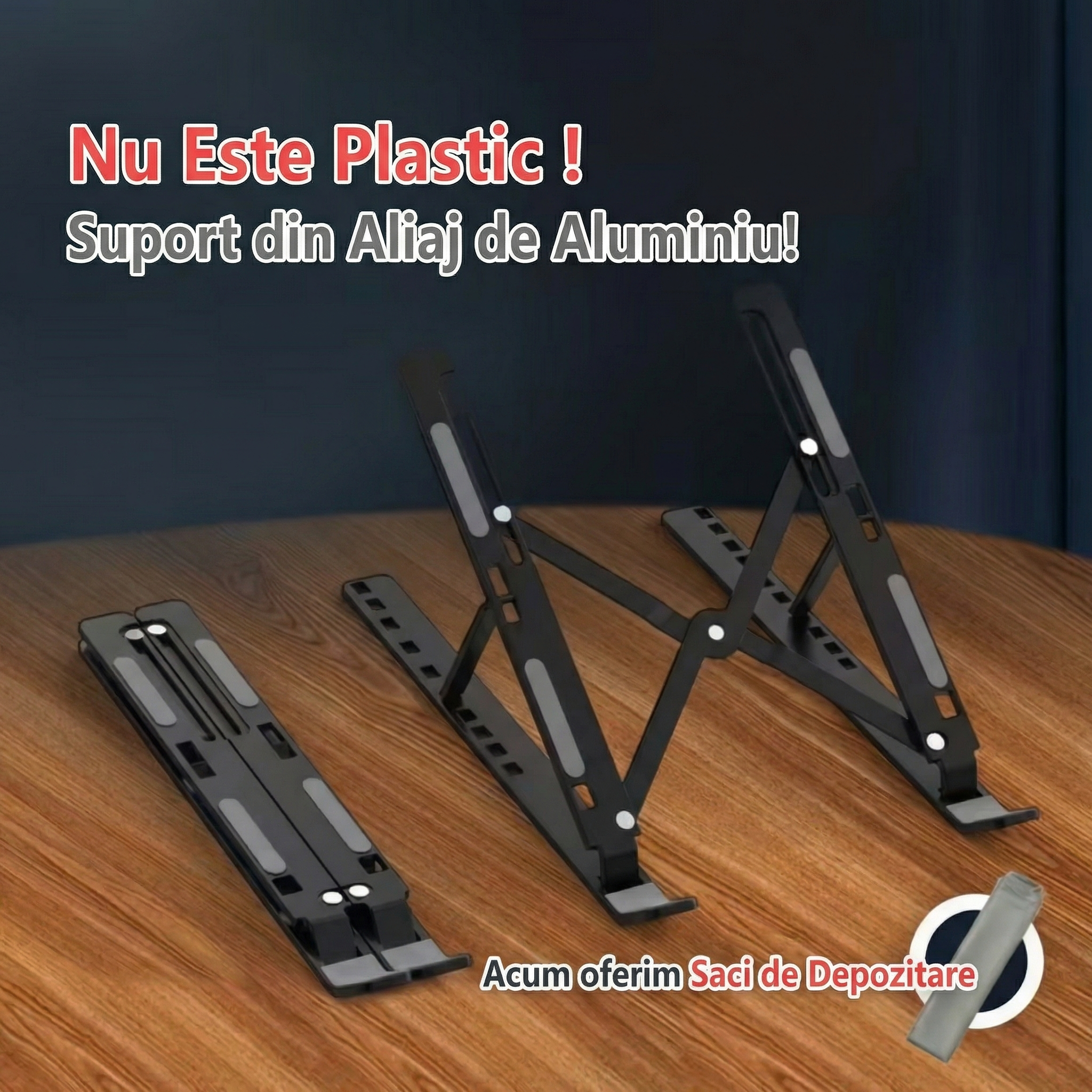 Suport Portabil pentru Laptop de Aluminiu cu Bază de Răcire Pliabilă și Ajustabilă