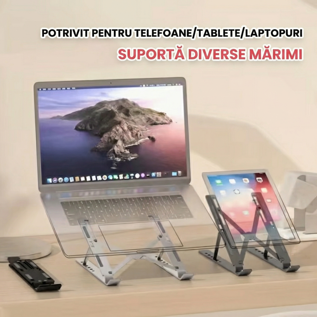 Suport Portabil pentru Laptop de Aluminiu cu Bază de Răcire Pliabilă și Ajustabilă