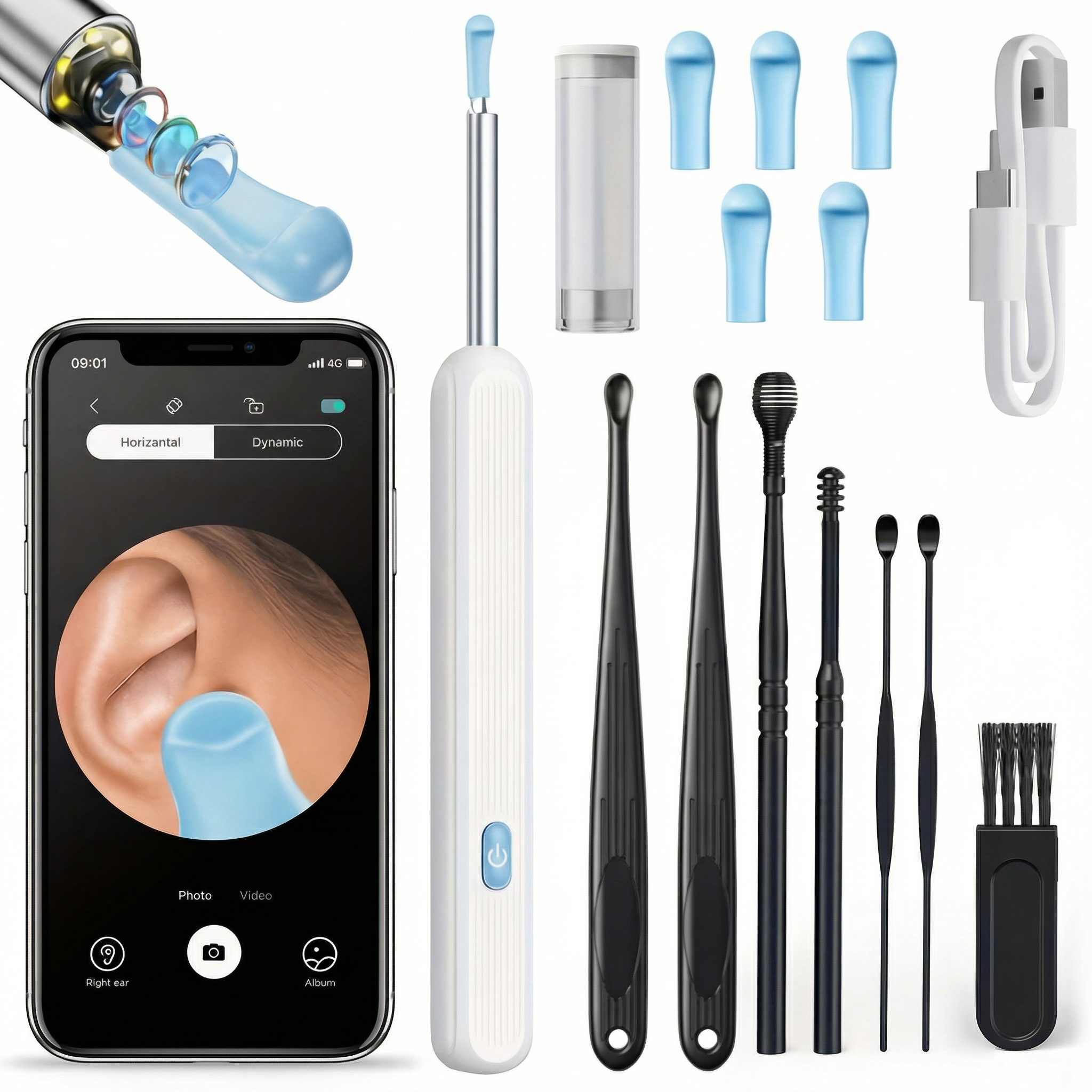 Kit de Îndepărtare Ceară de Urechi fără Fir cu 7 Piese, Cameră și Lumină, 6 Vârfuri, pentru iOS și Android