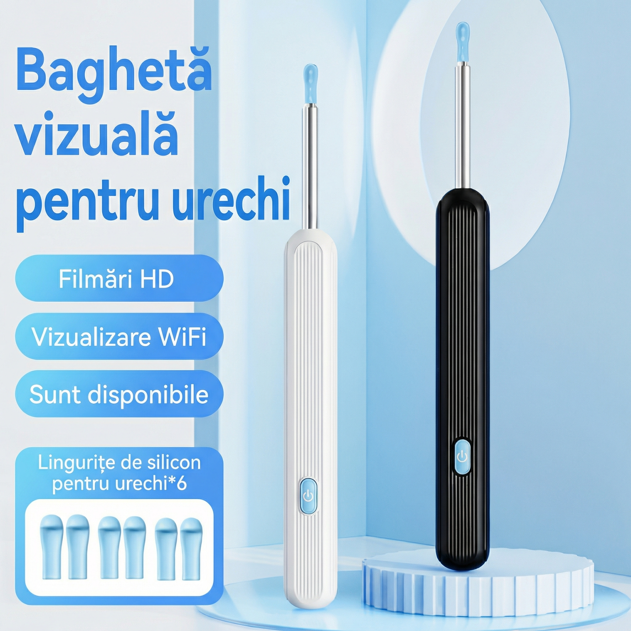 Kit de Îndepărtare Ceară de Urechi fără Fir cu 7 Piese, Cameră și Lumină, 6 Vârfuri, pentru iOS și Android