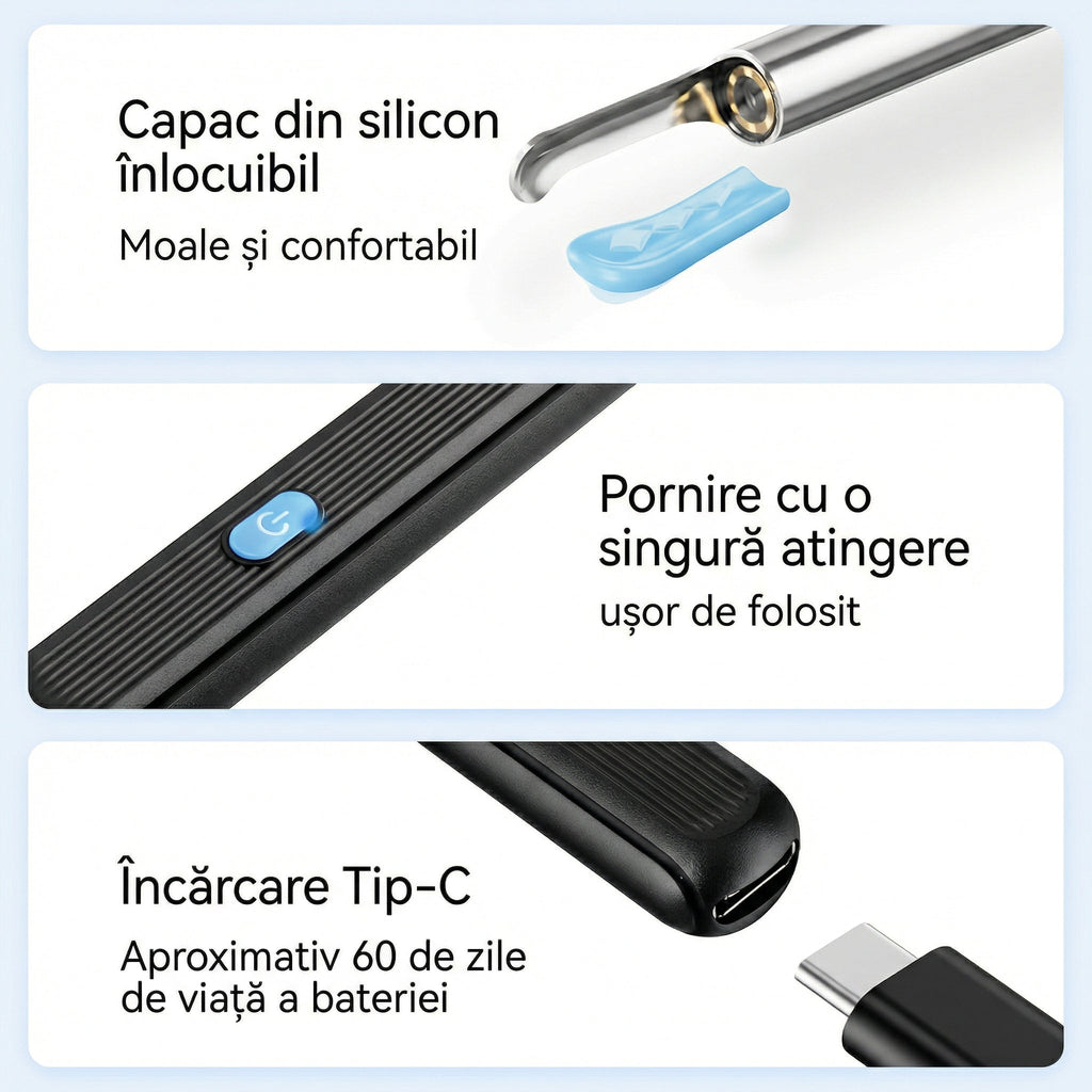 Kit de Îndepărtare Ceară de Urechi fără Fir cu 7 Piese, Cameră și Lumină, 6 Vârfuri, pentru iOS și Android