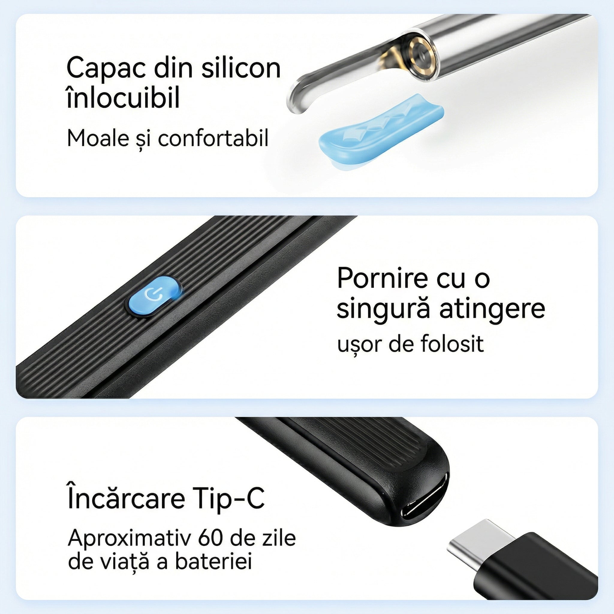 Kit de Îndepărtare Ceară de Urechi fără Fir cu 7 Piese, Cameră și Lumină, 6 Vârfuri, pentru iOS și Android