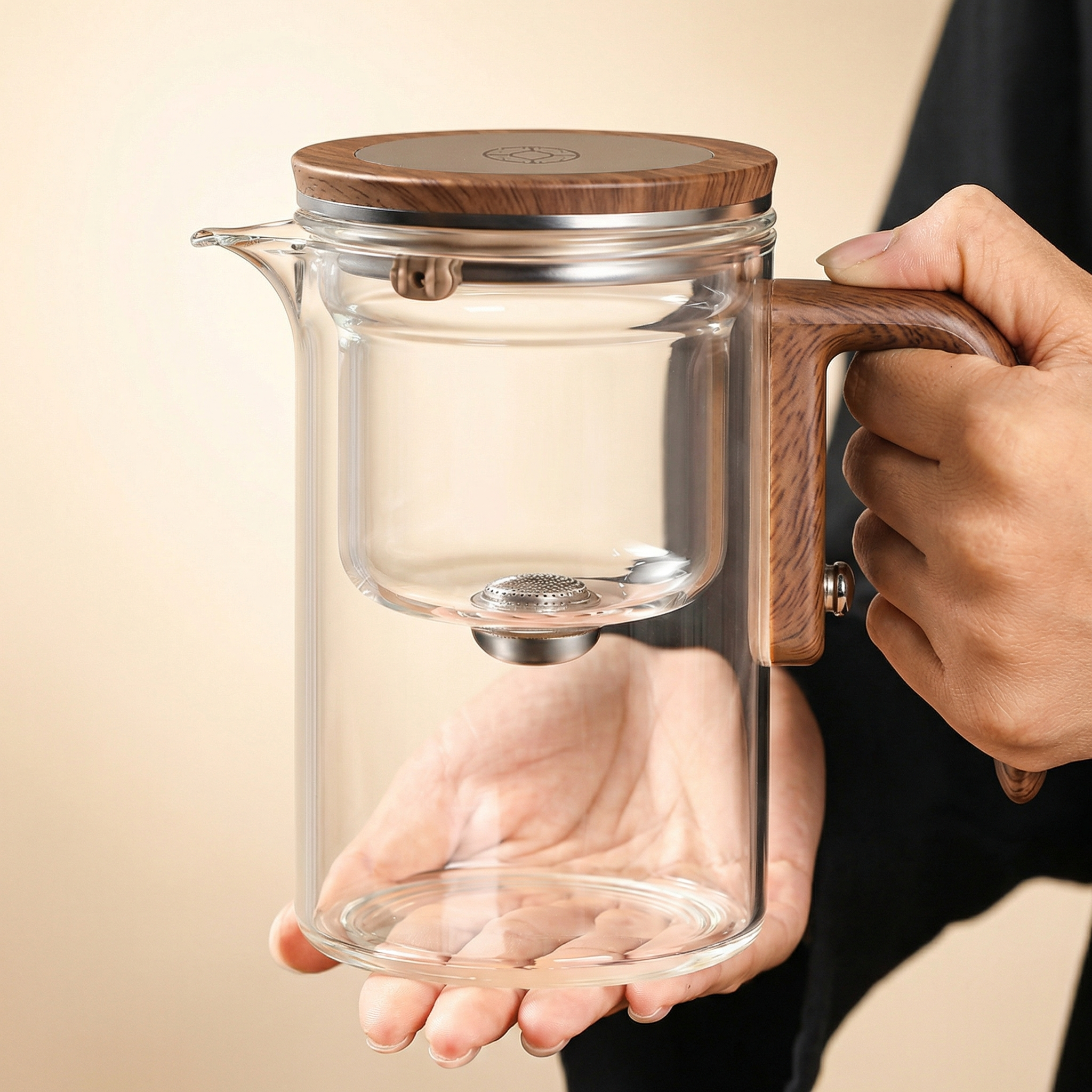 Pahar 2 în 1 - Pahar și Ceainic 600 ml din Sticlă cu Mâner de Lemn