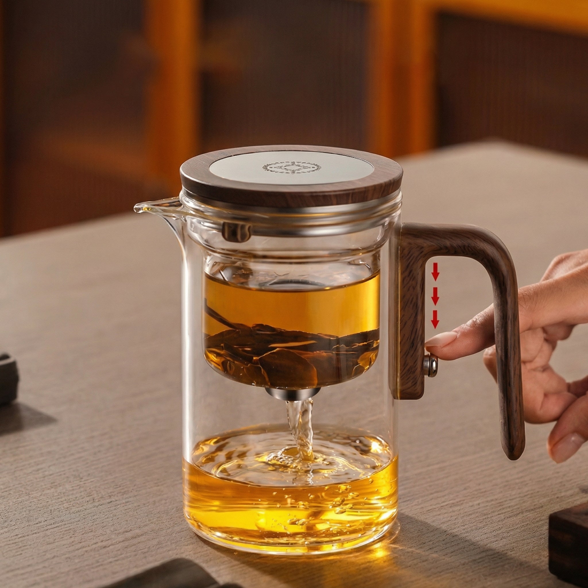 Pahar 2 în 1 - Pahar și Ceainic 600 ml din Sticlă cu Mâner de Lemn
