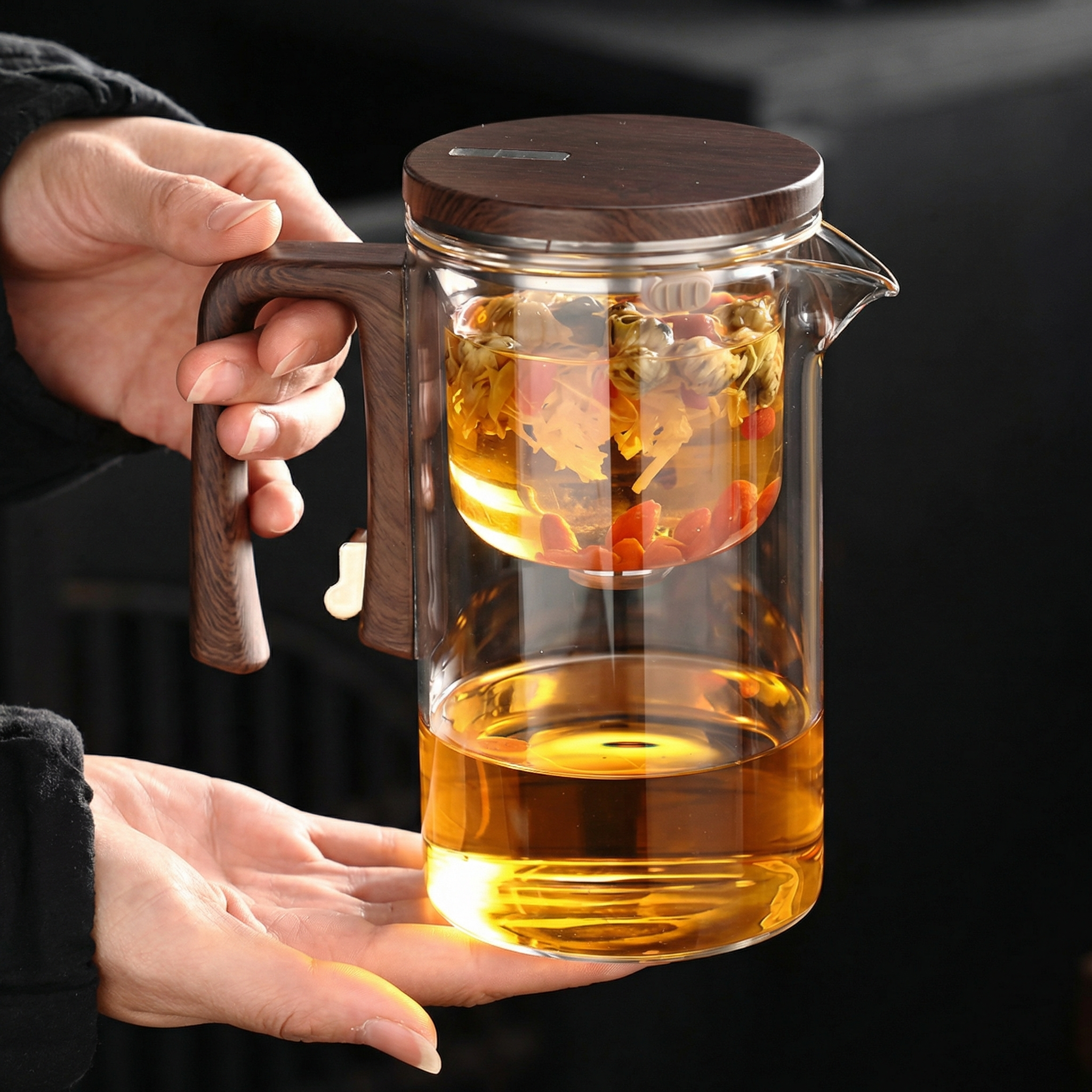 Pahar 2 în 1 - Pahar și Ceainic 600 ml din Sticlă cu Mâner de Lemn