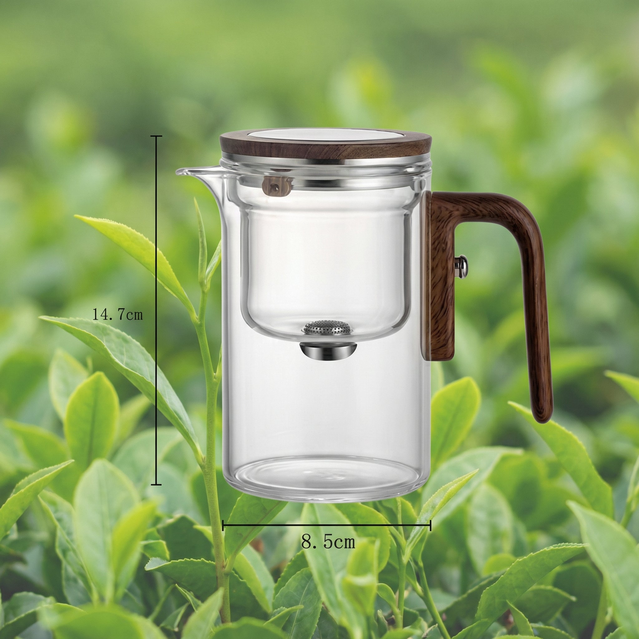 Pahar 2 în 1 - Pahar și Ceainic 600 ml din Sticlă cu Mâner de Lemn