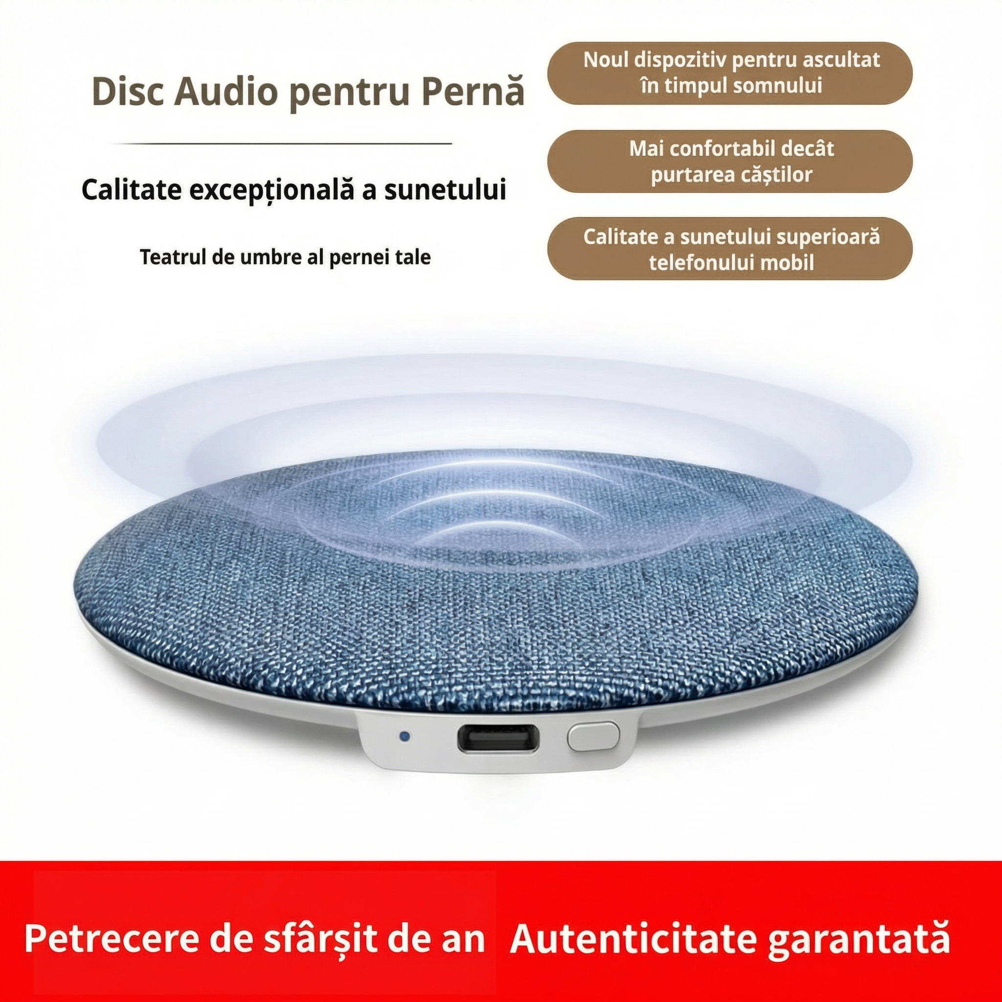 Boxă Tip Pernă Ultra-Subțire pentru Somn, cu Sunet Alb și Player Audio, Bluetooth, 5W, Baterie 200–500 mAh