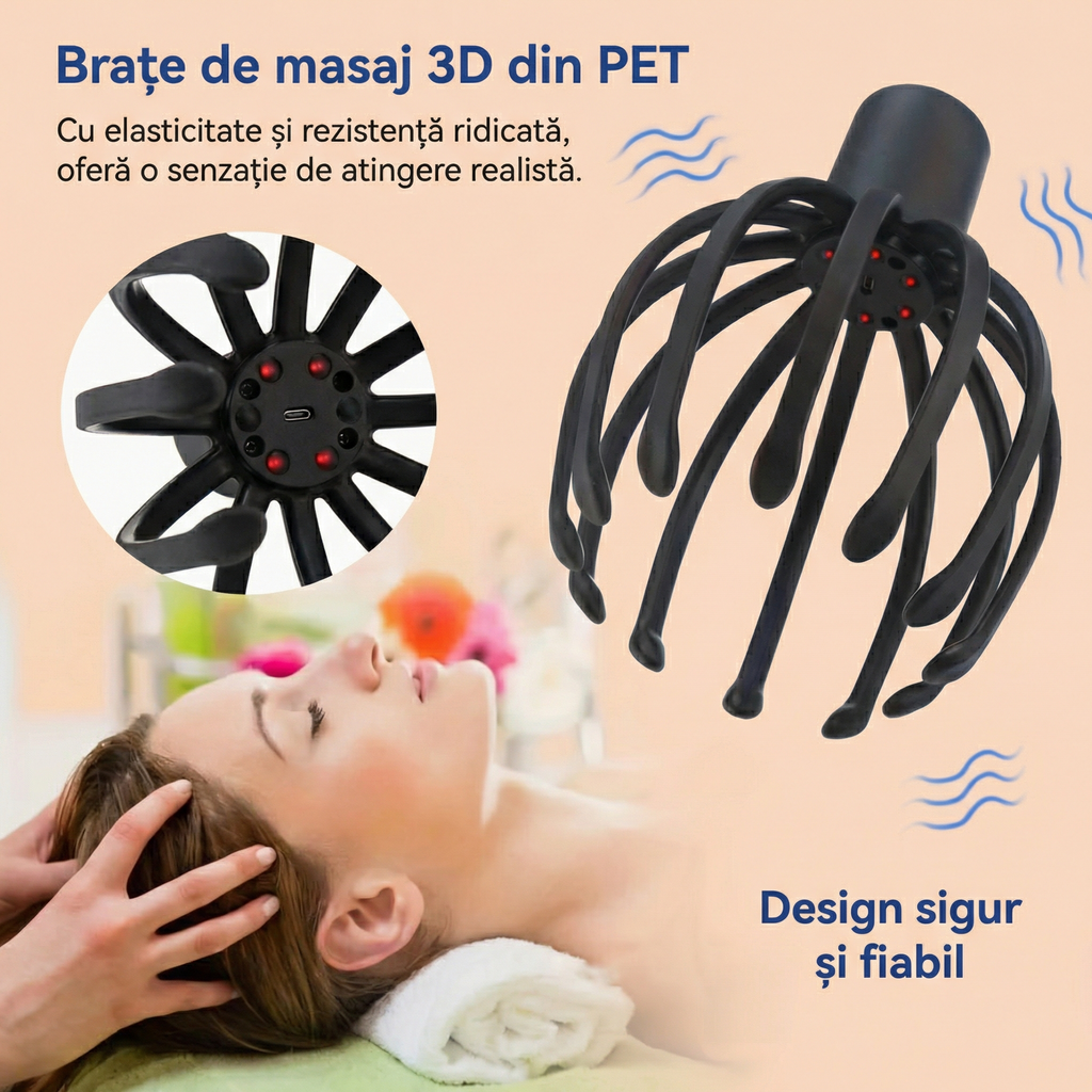 Aparat Electric de Masaj pentru Scalp cu Gheare de Caracatiță, Reîncărcabil USB, cu 3 Viteze Reglabile, Portabil și cu Vibrații