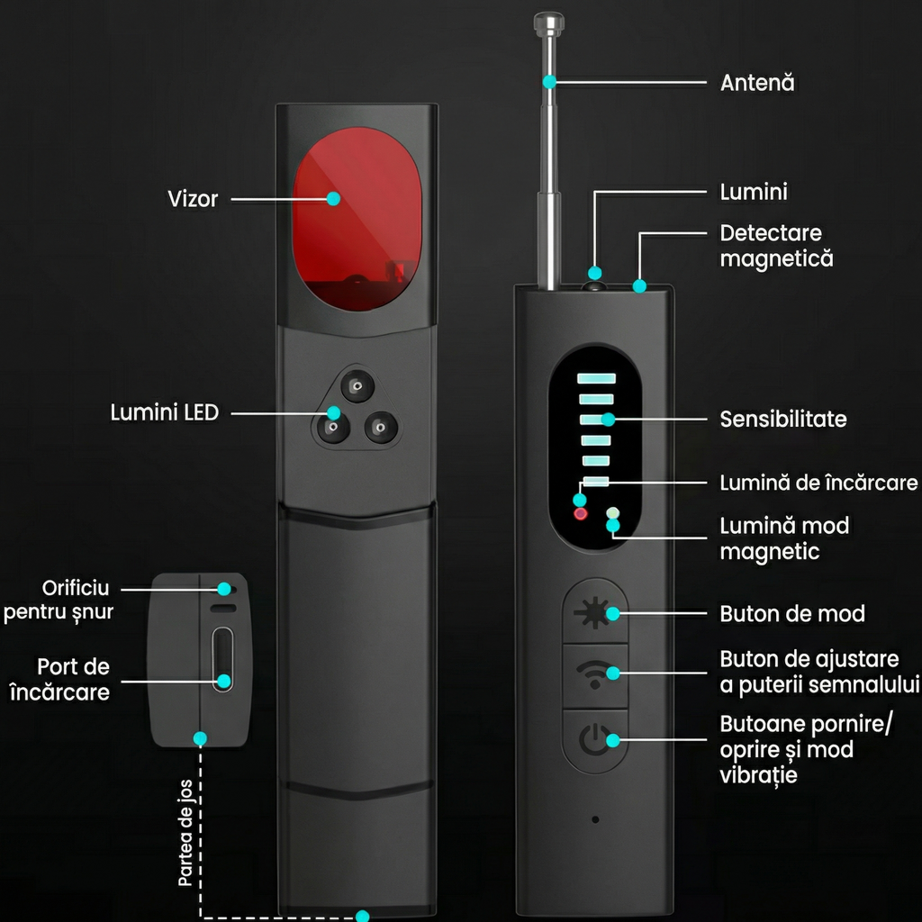 Detector Portabil de Dispozitive, Trackere GPS și Dispozitive de Ascultare Wireless cu 25 de Niveluri