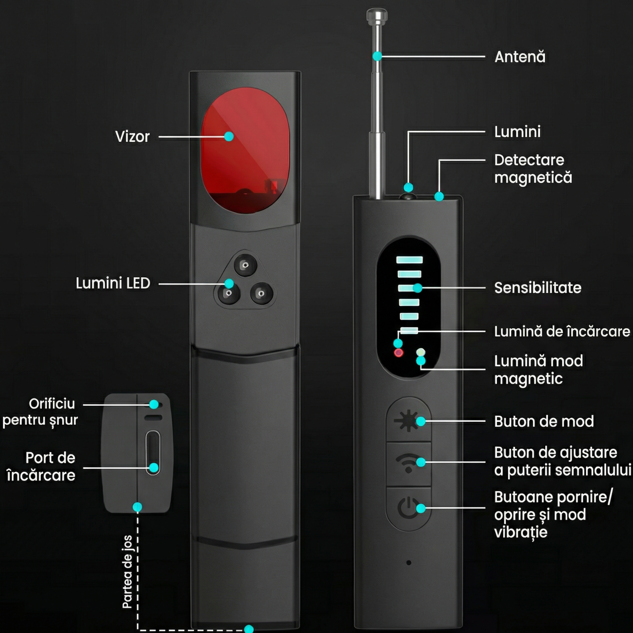 Detector Portabil de Dispozitive, Trackere GPS și Dispozitive de Ascultare Wireless cu 25 de Niveluri