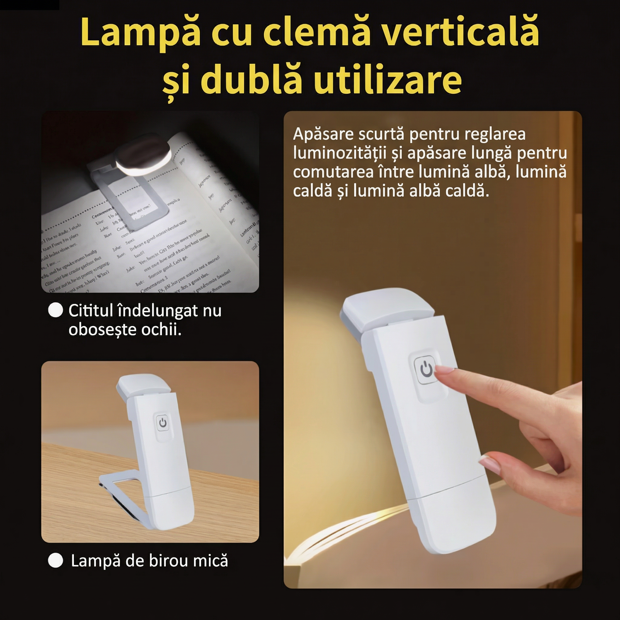Lampă de Citit cu LED, Încărcabilă,  cu Luminozitate Reglabilă, Portabilă și Alimentată prin USB
