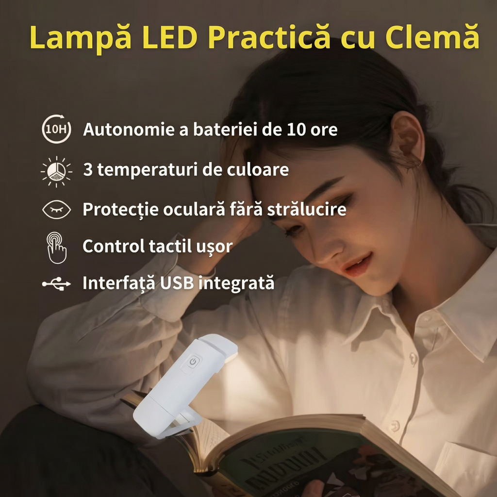 Lampă de Citit cu LED, Încărcabilă,  cu Luminozitate Reglabilă, Portabilă și Alimentată prin USB