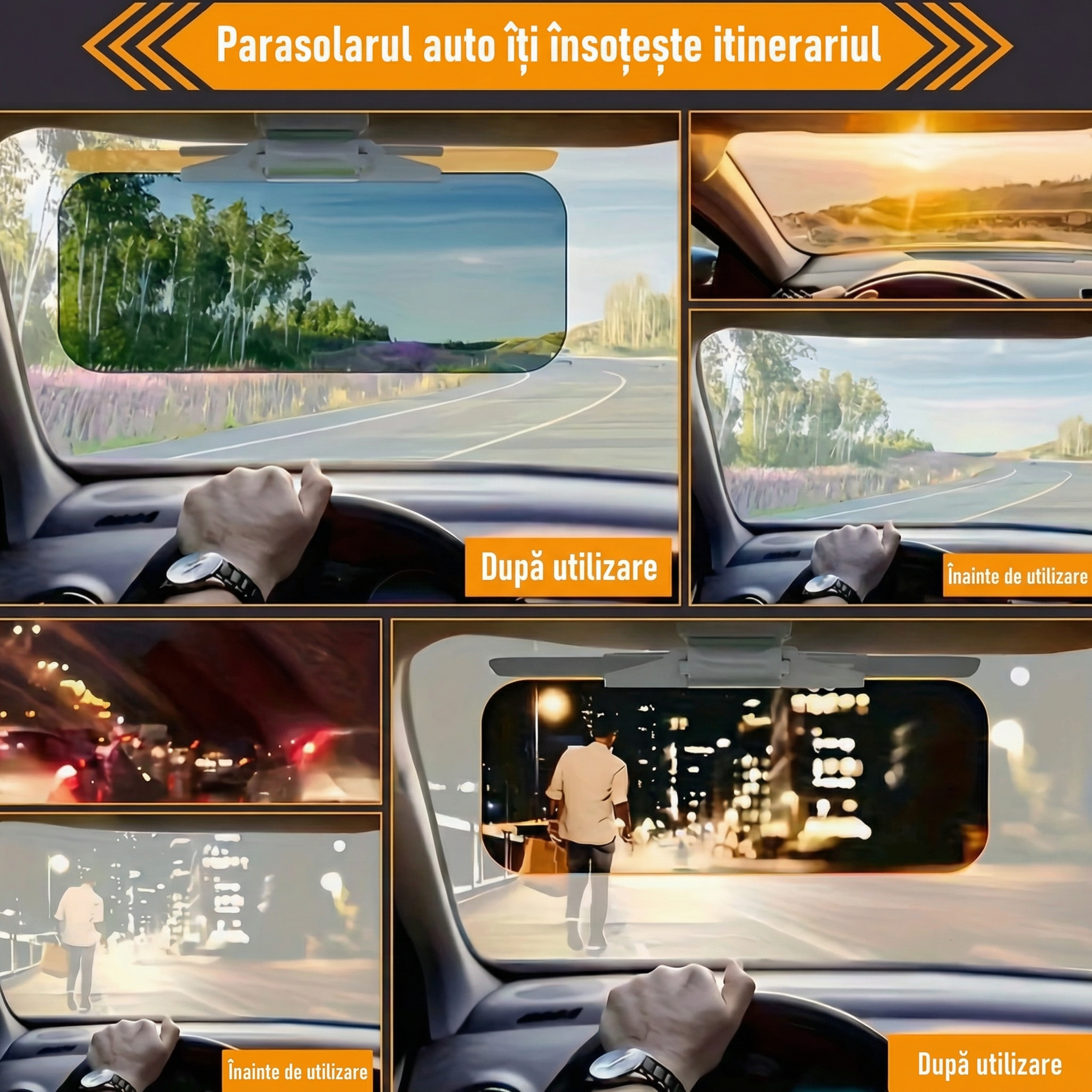 Parasolar 2 în 1 Polarizat pentru Parbriz cu Reducere a Reflexelor și Protecție UV, Potrivit pentru Utilizare Zi și Noapte