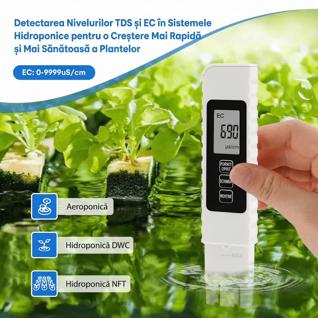Kit de Testare a Calității Apei 3 in 1, TDS, EC, Interval de Măsurare 0-9990, Tester Multifuncțional pentru Puritatea Apei, Instrument de Măsurare a Temperaturii și Valorii PPM