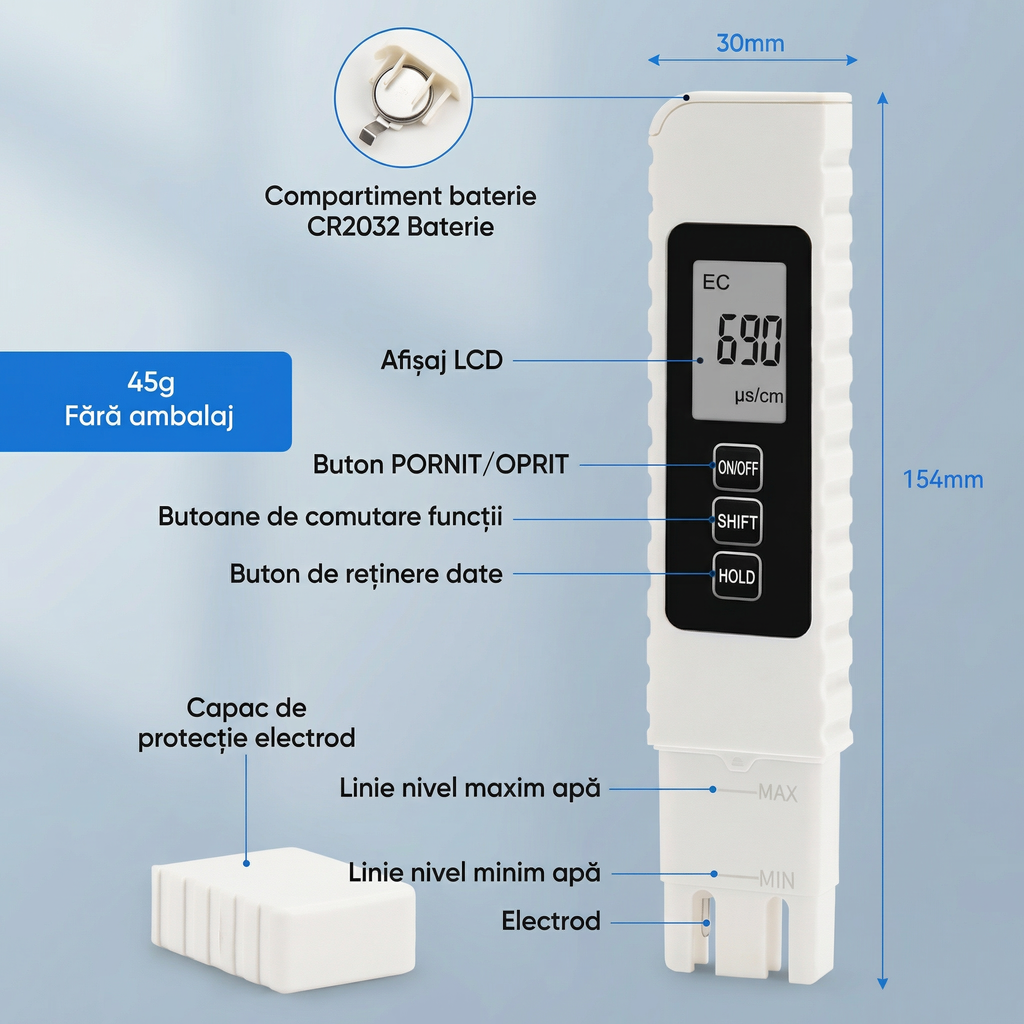 Kit de Testare a Calității Apei 3 in 1, TDS, EC, Interval de Măsurare 0-9990, Tester Multifuncțional pentru Puritatea Apei, Instrument de Măsurare a Temperaturii și Valorii PPM