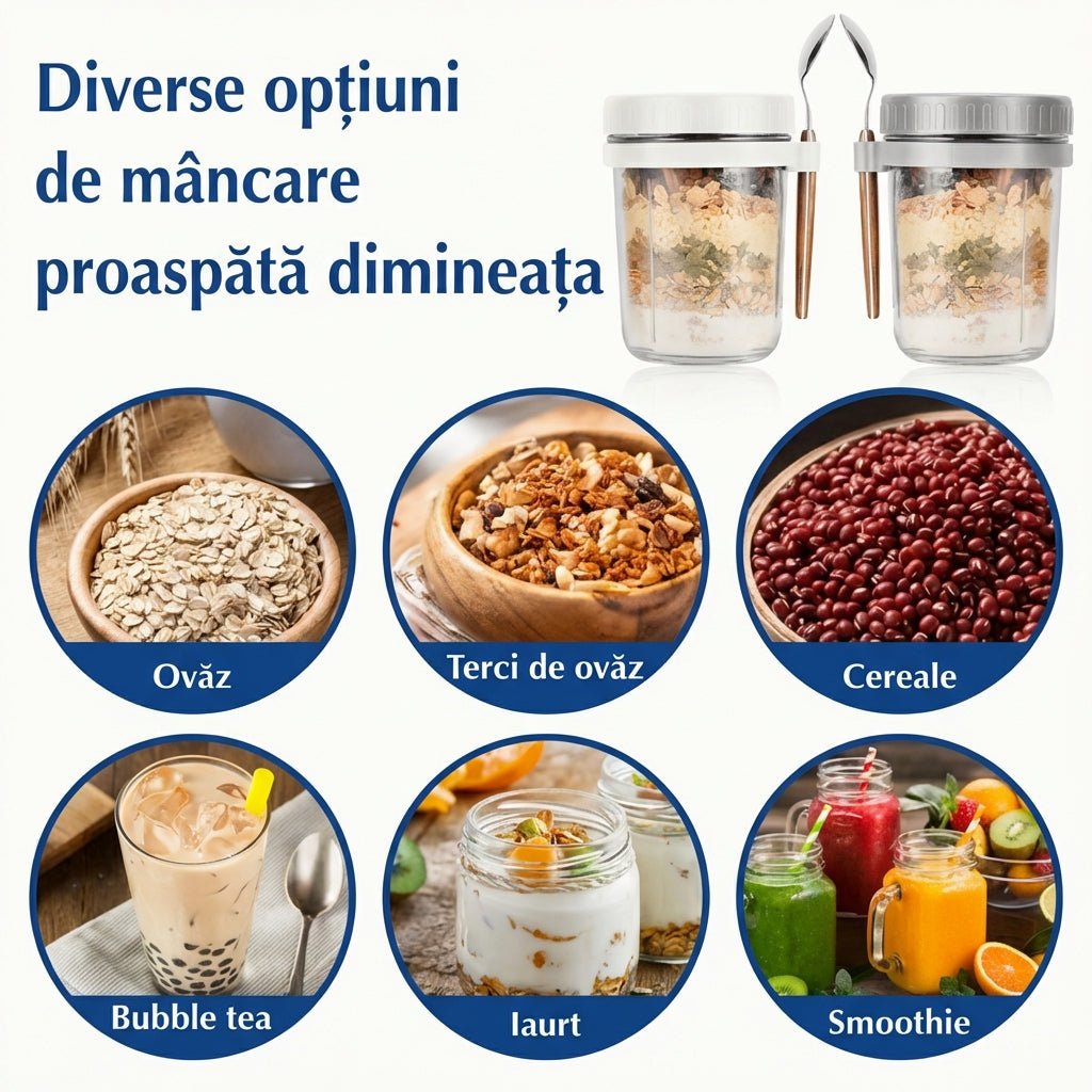 Set 2 Căni de Sticlă pentru Ovăz cu Capace și Lingurițe, Etanșe și Rezistente la Scurgeri