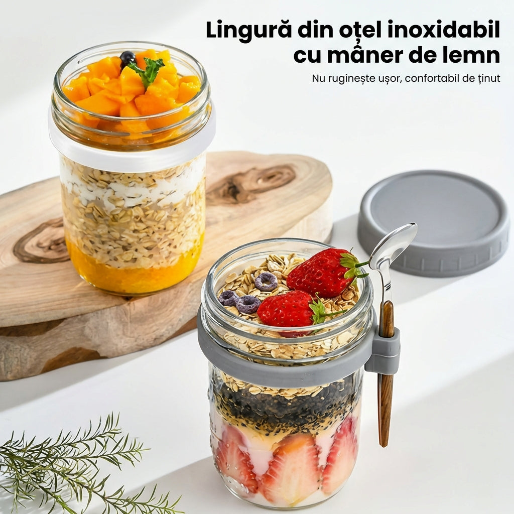 Set 2 Căni de Sticlă pentru Ovăz cu Capace și Lingurițe, Etanșe și Rezistente la Scurgeri