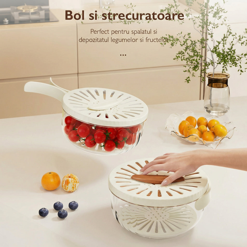 Strecurătoare Cu Mâner Pliabil, Cu Funcție de Bol, Cu Capac, Pentru Fructe și Legume