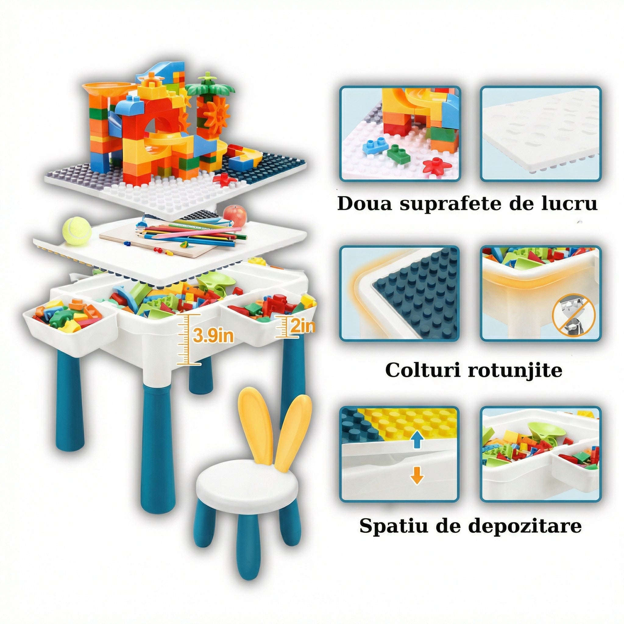 Masă de Joacă și Activități Creative pentru Copii cu Sertare și Cuburi Incluse (101 Bucăți)