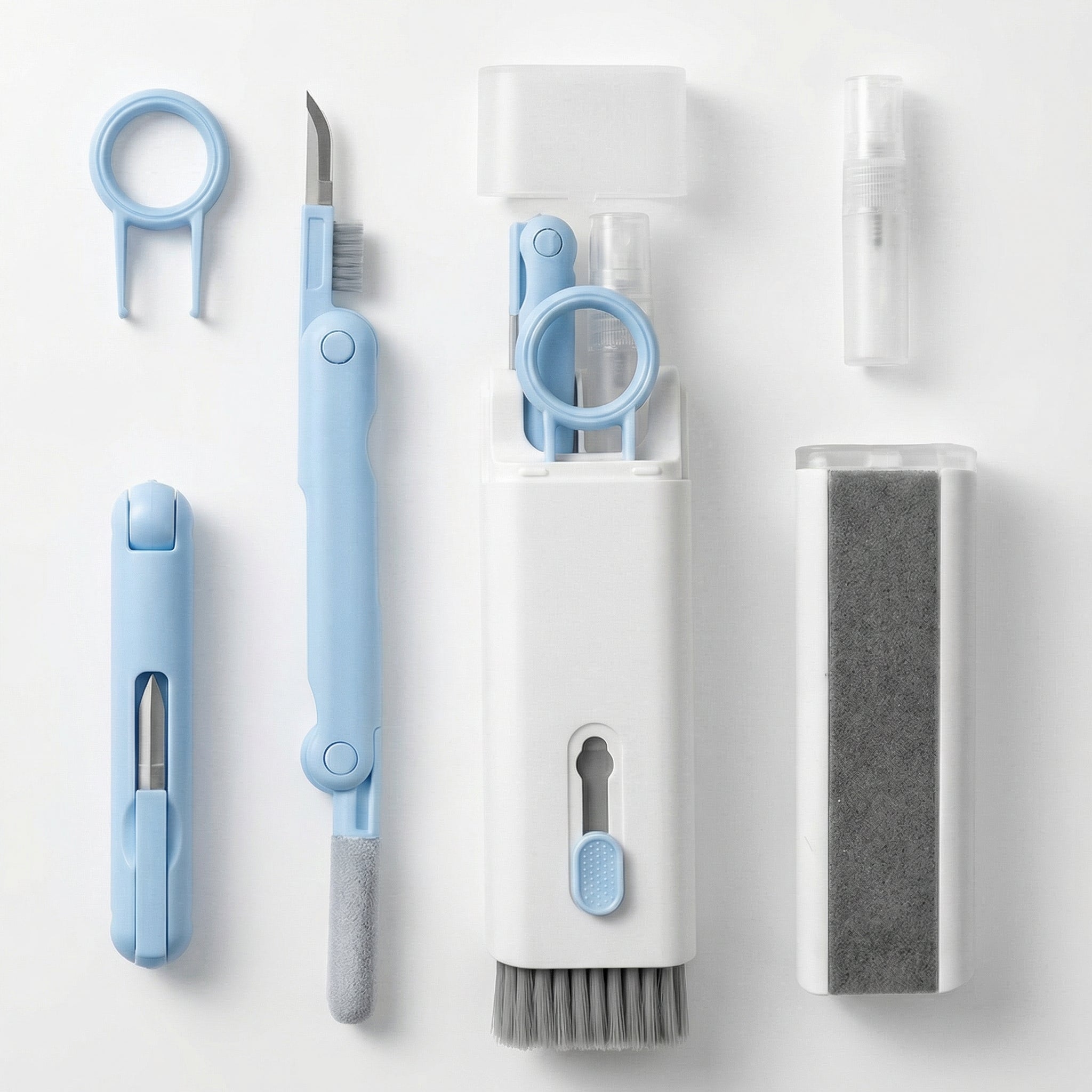 Kit Multifuncțional de Curățare Produse Electronice 7 în 1 cu Microfibră, Suport Telefon, Pulverizator și Perie pentru Electronice, pentru Laptop, Tastatură