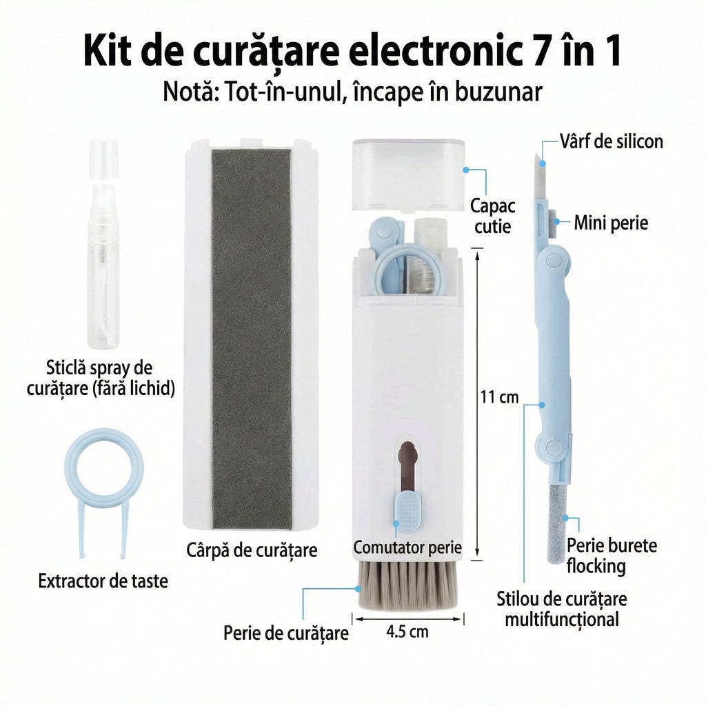 Kit Multifuncțional de Curățare Produse Electronice 7 în 1 cu Microfibră, Suport Telefon, Pulverizator și Perie pentru Electronice, pentru Laptop, Tastatură