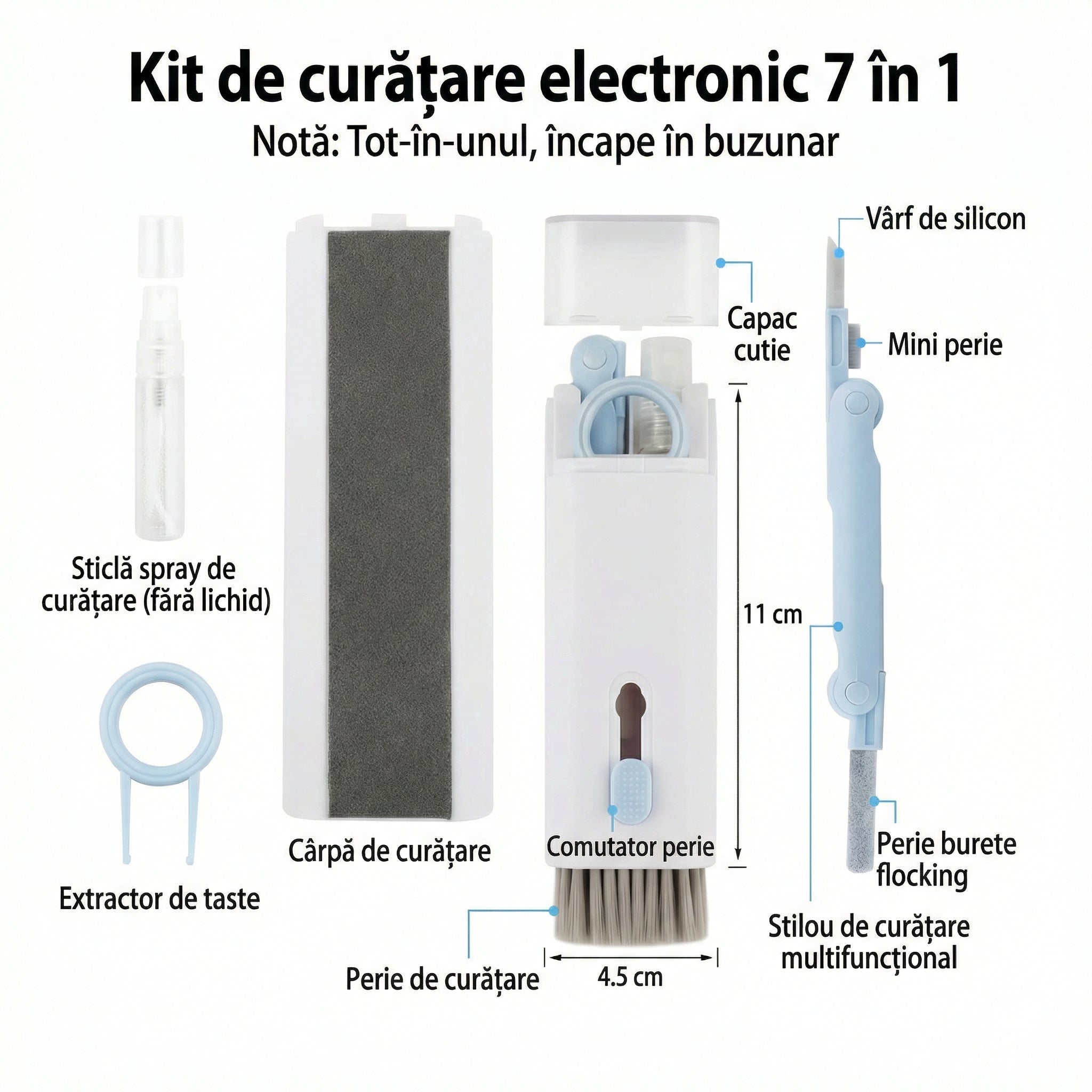 Kit Multifuncțional de Curățare Produse Electronice 7 în 1 cu Microfibră, Suport Telefon, Pulverizator și Perie pentru Electronice, pentru Laptop, Tastatură