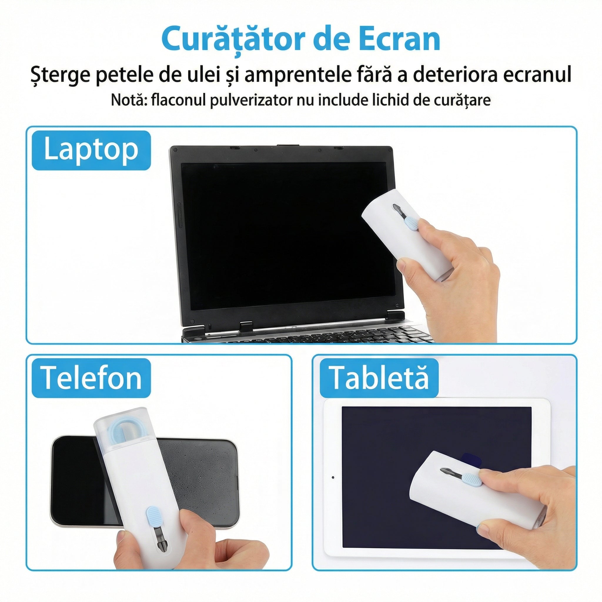Kit Multifuncțional de Curățare Produse Electronice 7 în 1 cu Microfibră, Suport Telefon, Pulverizator și Perie pentru Electronice, pentru Laptop, Tastatură