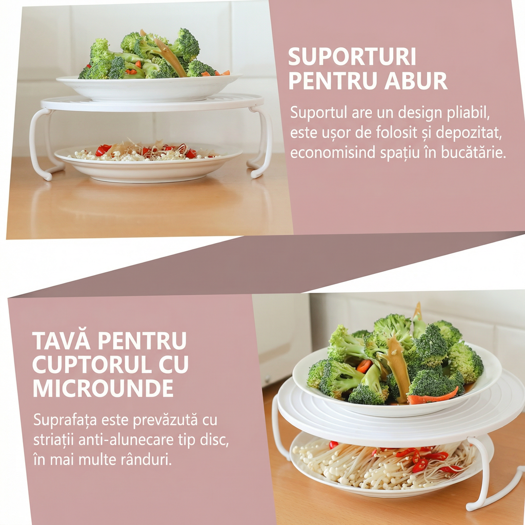Raft Rotund 3 în 1 pentru Cuptorul cu Microunde – Suport Etajat pentru Farfurii, Tăvi și Încălzire Alimente