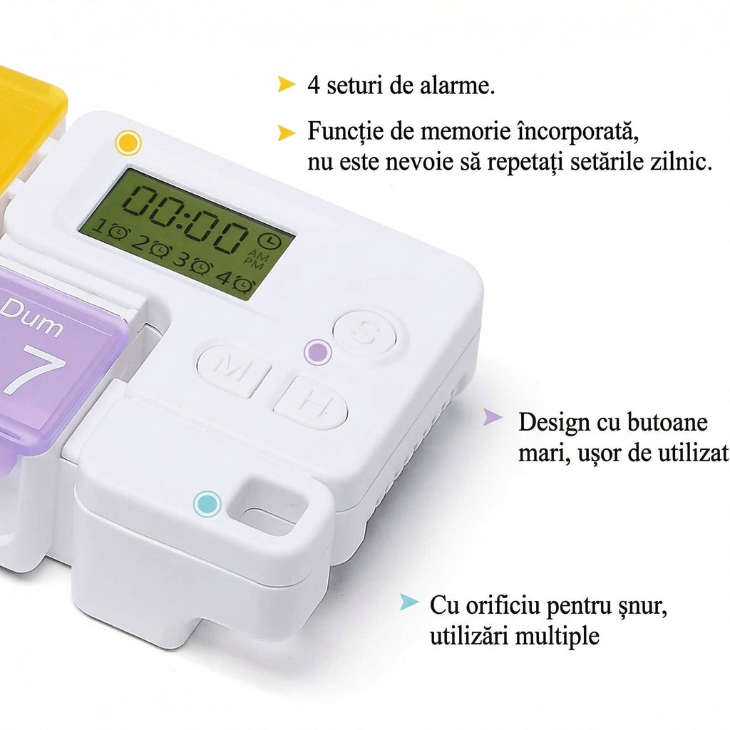 Organizator pentru Pastile Săptămânal cu Ceas și Alarmă