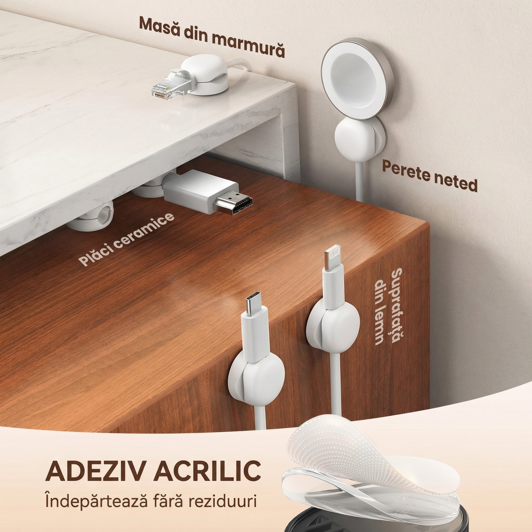 Set 6 Organizatoare pentru Cabluri cu Adeziv Puternic