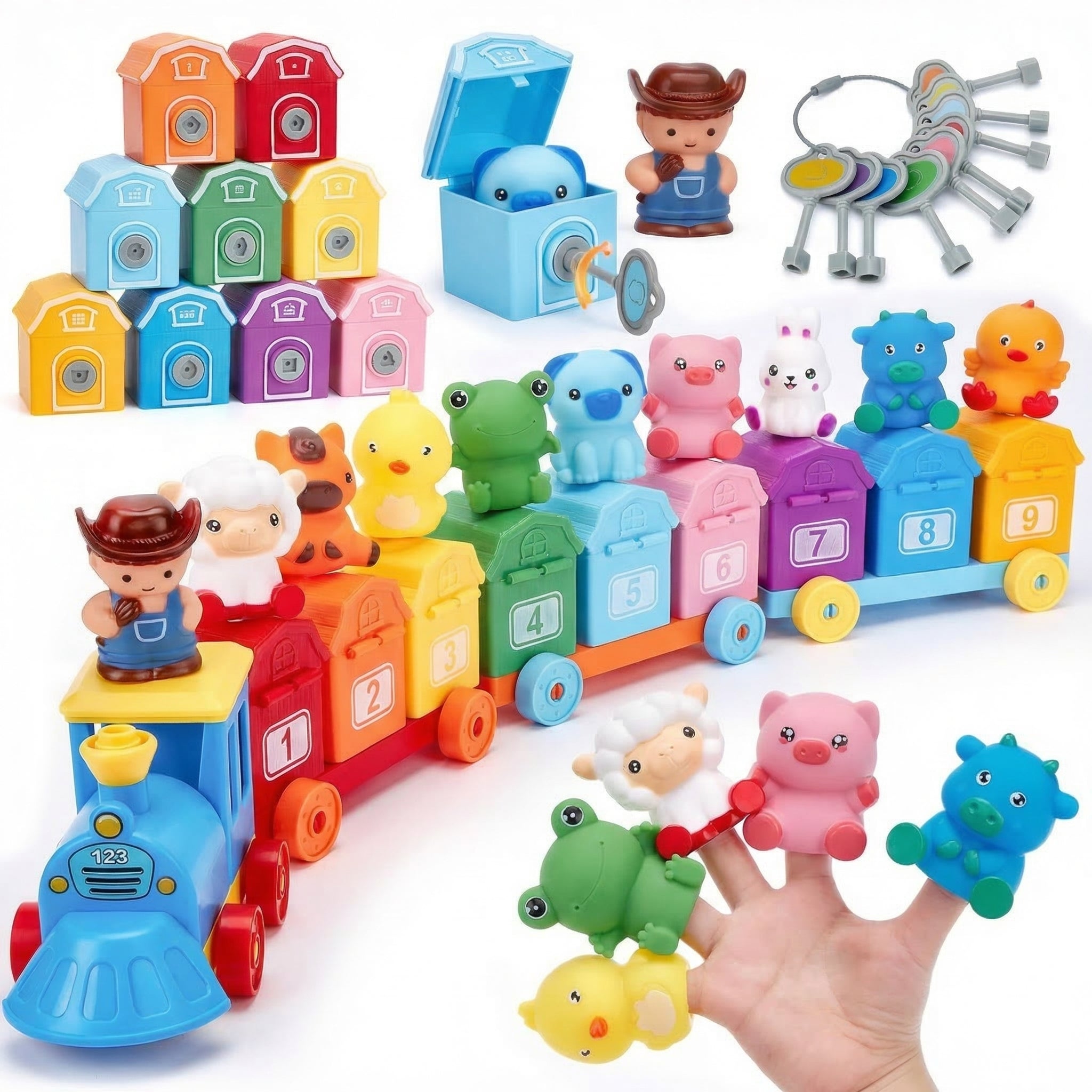 Trenulețul Magic - Set Interactiv de Joacă pentru Copii cu Ferma Animalelor pe Numere pentru Învățare, Păpuși pentru Degete și Cuburi