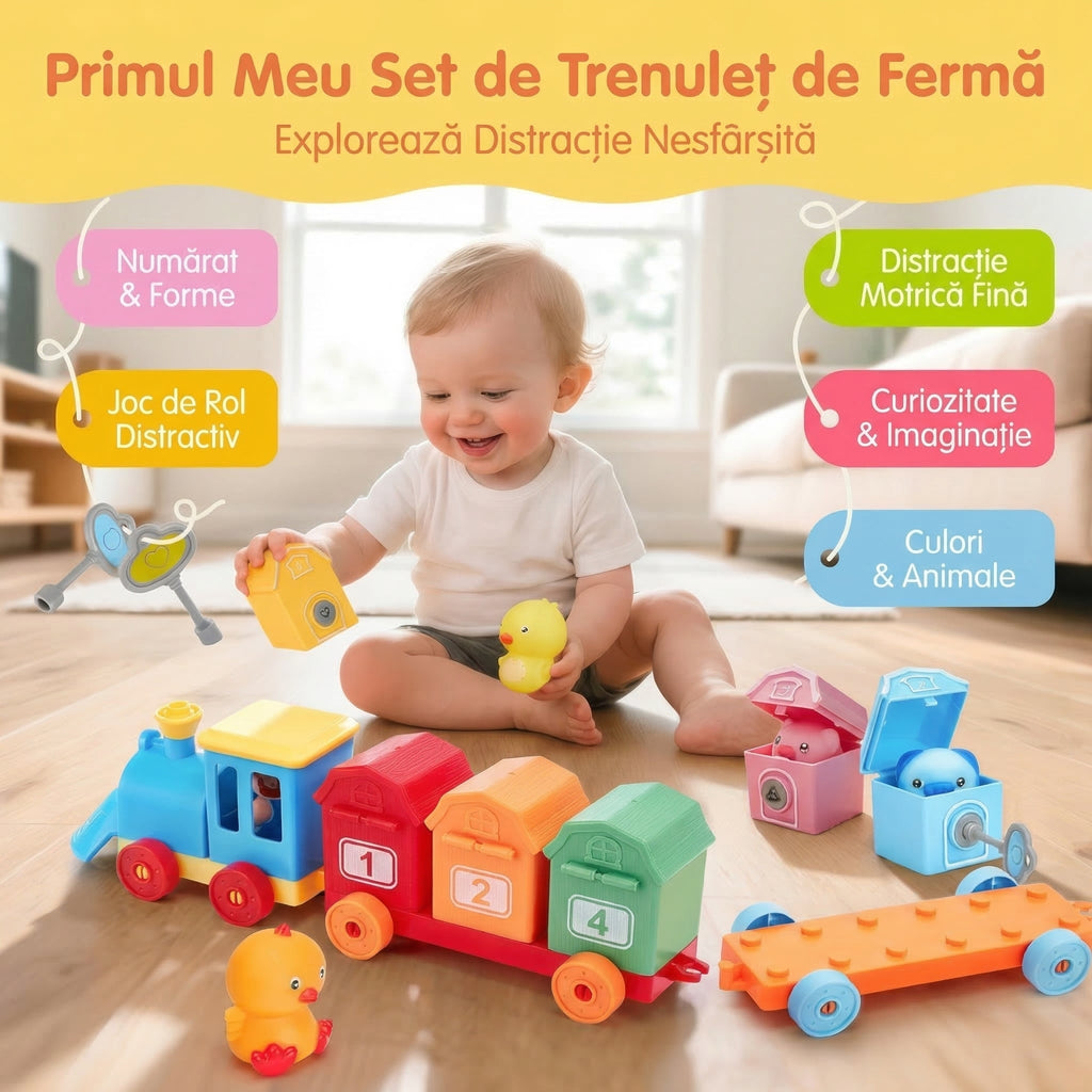 Trenulețul Magic - Set Interactiv de Joacă pentru Copii cu Ferma Animalelor pe Numere pentru Învățare, Păpuși pentru Degete și Cuburi