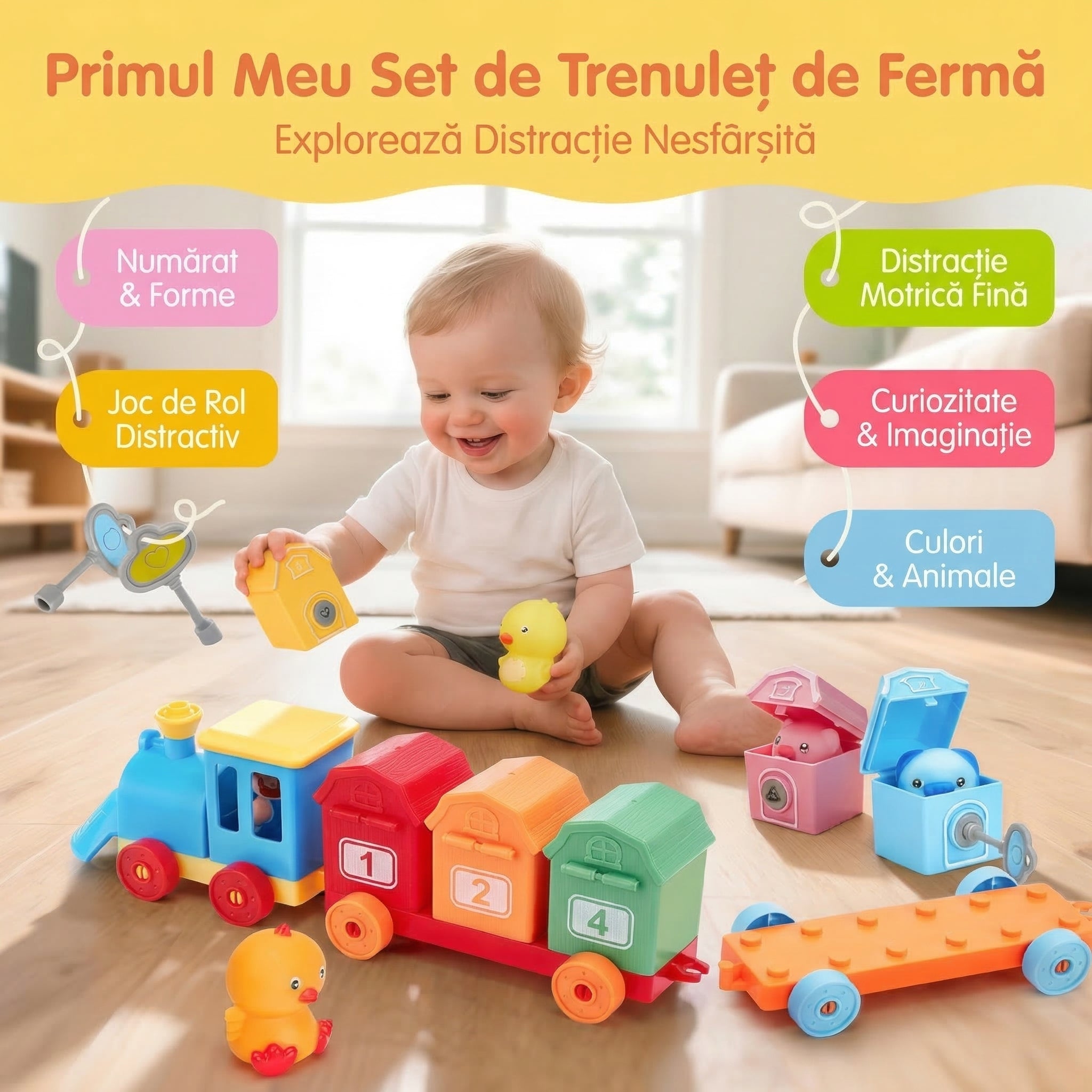 Trenulețul Magic - Set Interactiv de Joacă pentru Copii cu Ferma Animalelor pe Numere pentru Învățare, Păpuși pentru Degete și Cuburi