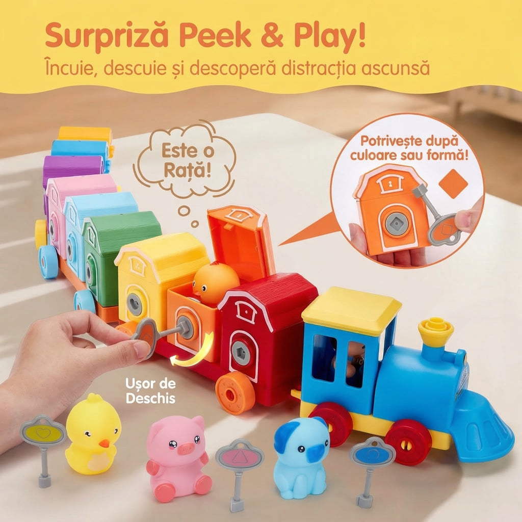 Trenulețul Magic - Set Interactiv de Joacă pentru Copii cu Ferma Animalelor pe Numere pentru Învățare, Păpuși pentru Degete și Cuburi