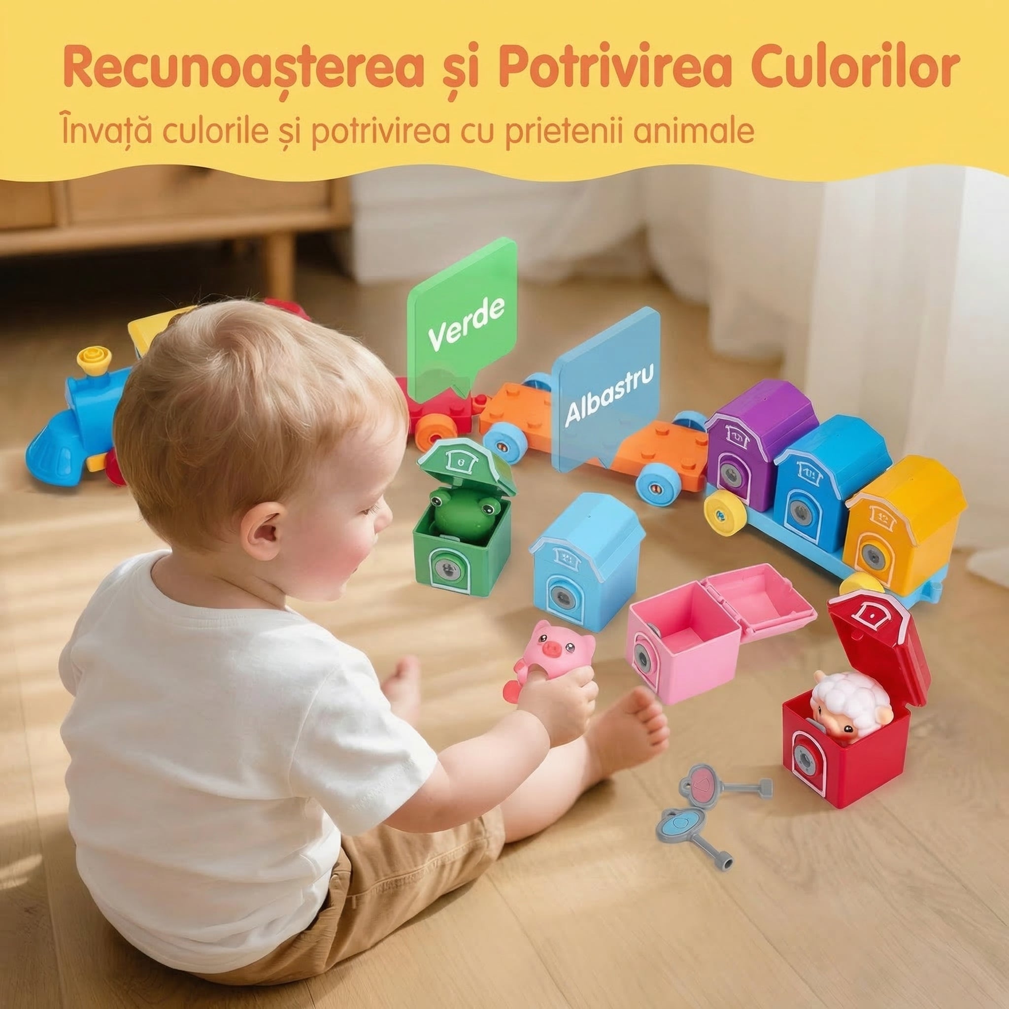 Trenulețul Magic - Set Interactiv de Joacă pentru Copii cu Ferma Animalelor pe Numere pentru Învățare, Păpuși pentru Degete și Cuburi