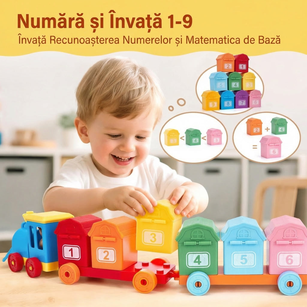 Trenulețul Magic - Set Interactiv de Joacă pentru Copii cu Ferma Animalelor pe Numere pentru Învățare, Păpuși pentru Degete și Cuburi