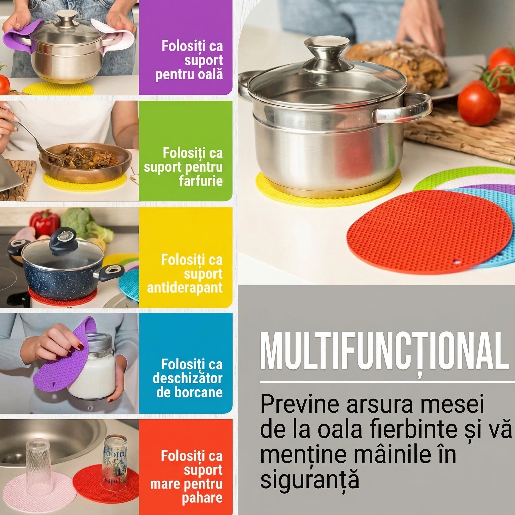 Set de 4 Suporturi Rotunde din Silicon Rezistente la Căldură, Antiderapante