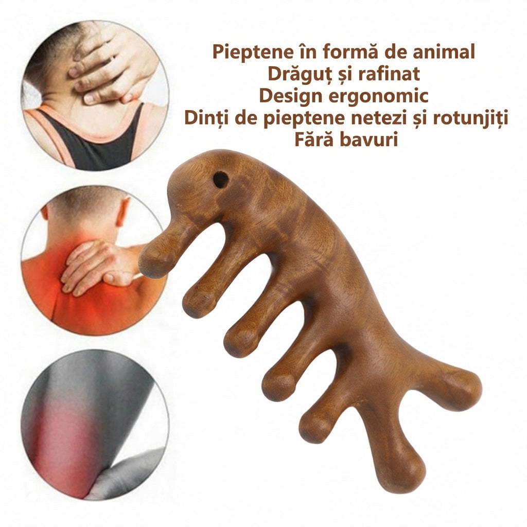Pieptene Gua Sha din Lemn de Santal, Ergonomic, pentru Masaj scalp, Gât, Brațe, Picioare