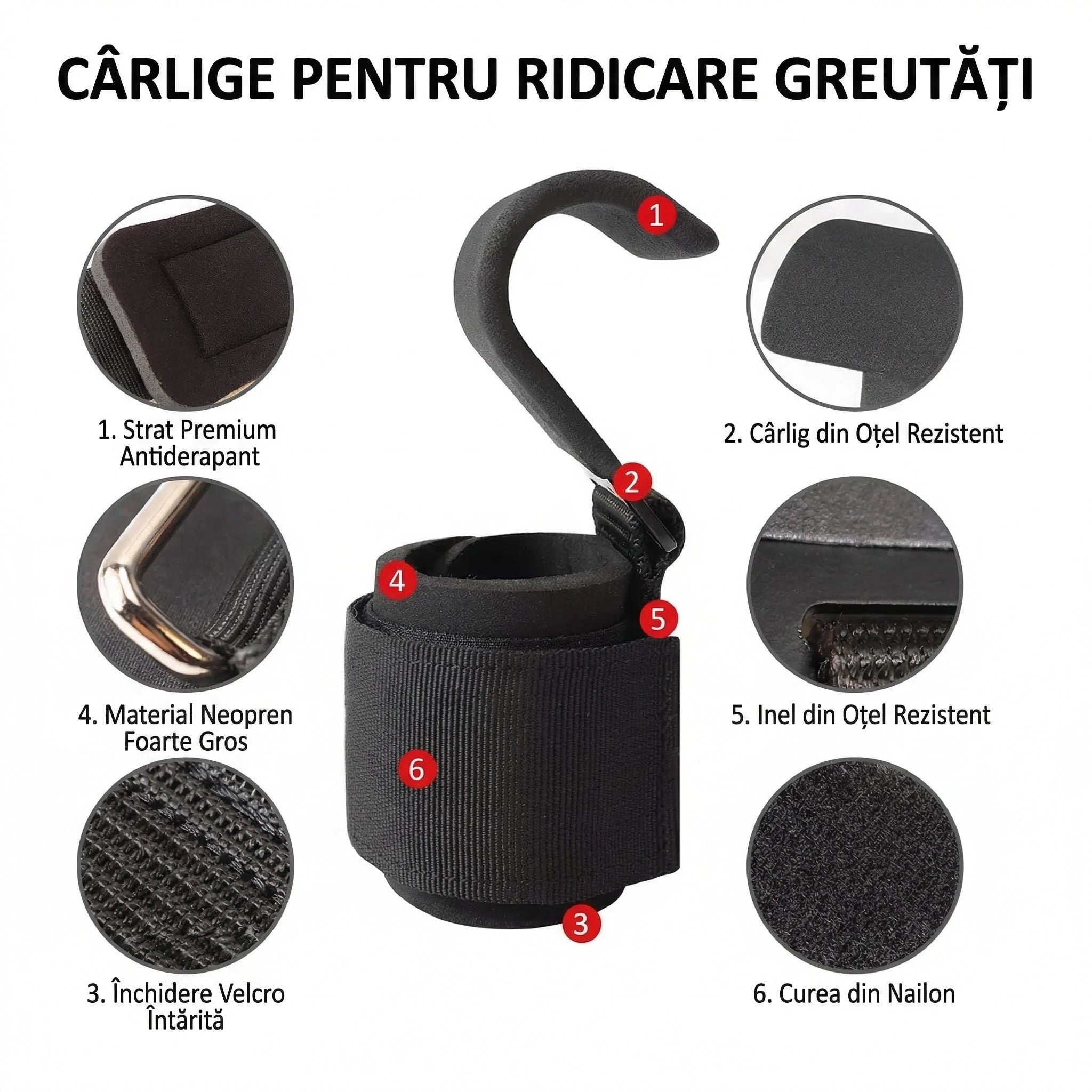 Set de 2 Cârlige pentru Ridicarea Greutăților cu Bandaj pentru Încheieturi