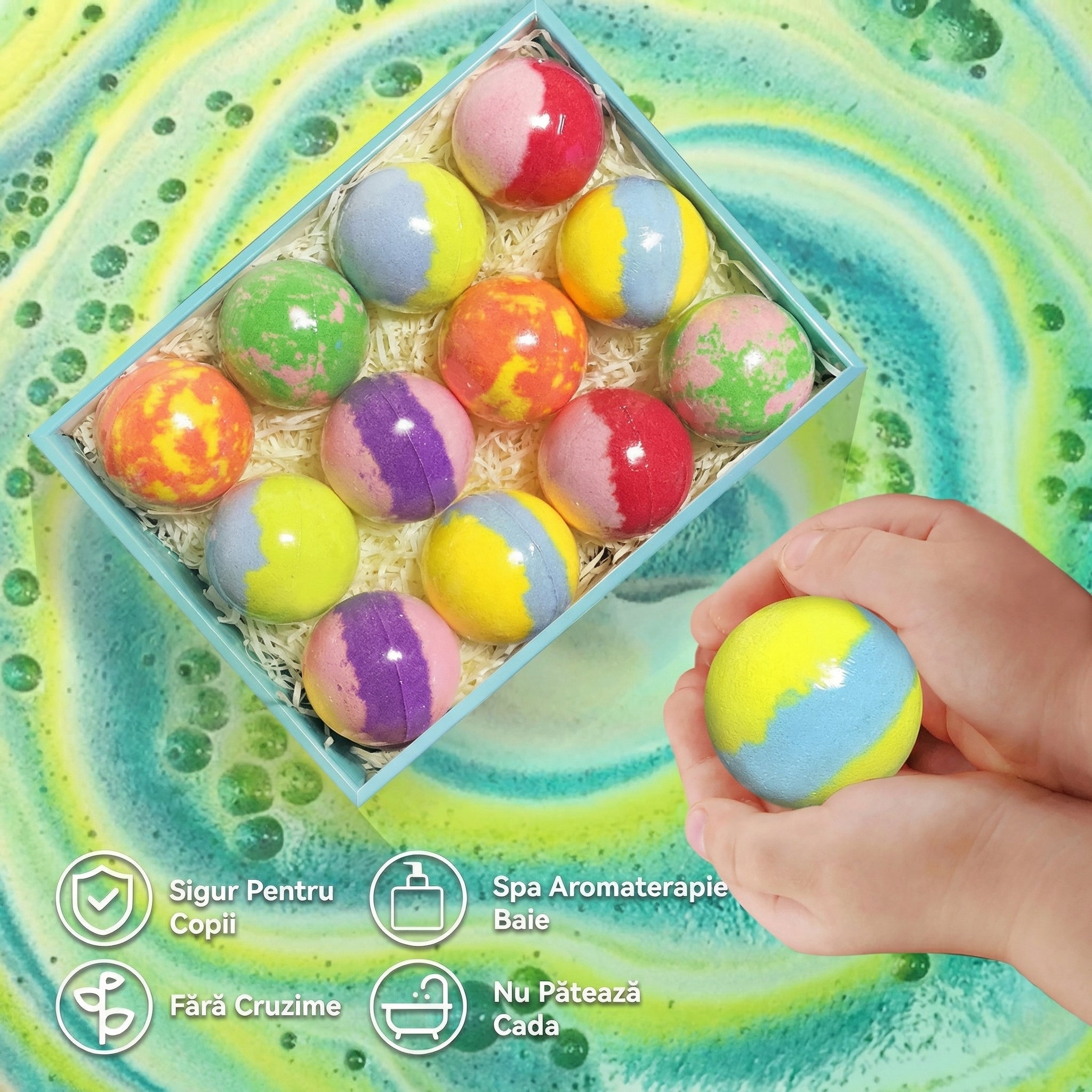 MagicBath Surprise™ – Set 12 Bombe Efervescente de Baie pentru Copii cu Jucării Surpriză