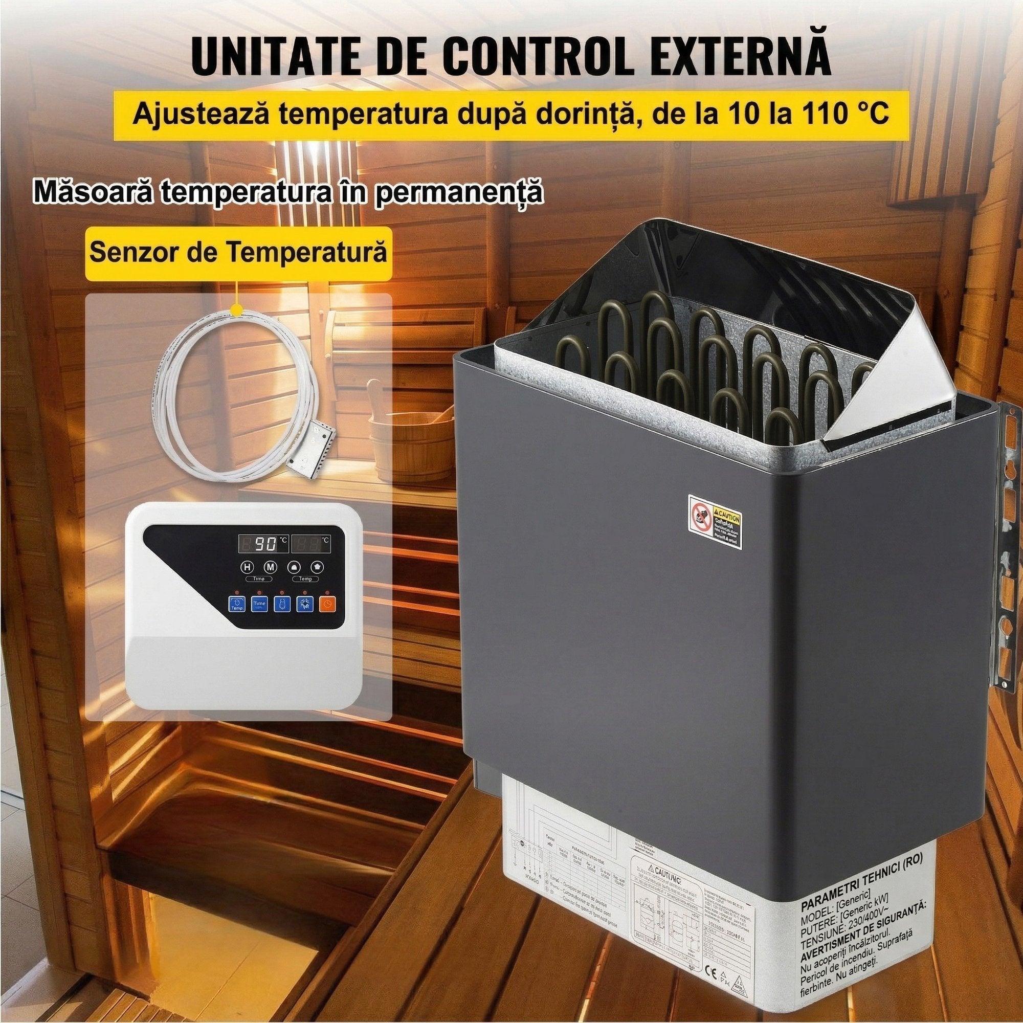 Incalzitor Electric pentru Sauna Uscata 9KW – Controler Extern, Inox