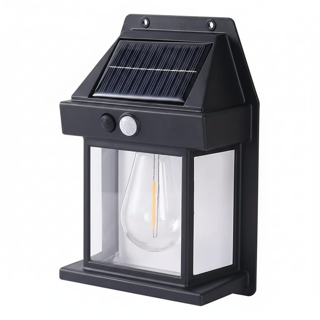Lampa solara de perete tip felinar, senzor miscare, negru