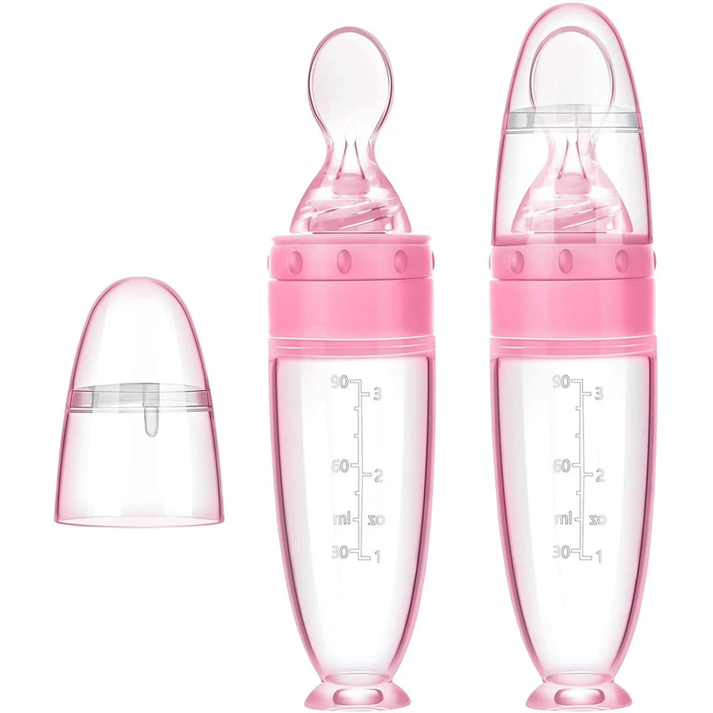 Lingurita din silicon cu rezervor gradat pentru bebelusi, hranire usoara fara BPA, 20,3 cm, roz